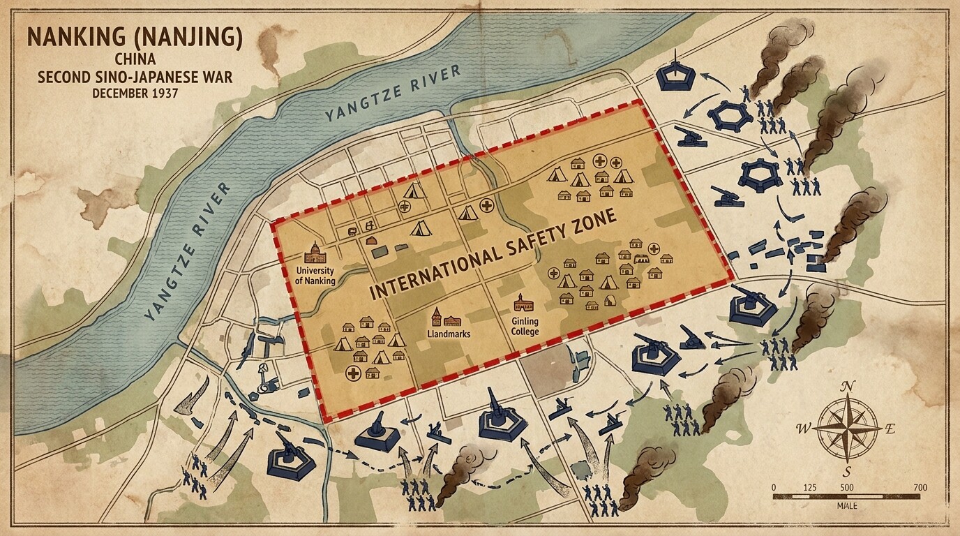 Overhead map view of the Nanking Safety Zone showing the planned boundaries, refugee camps, and the surrounding city under siege