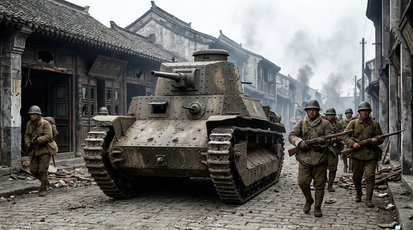 Japanese Type 89 medium tank advancing through Nanking streets with infantry support, showing the military equipment that overwhelmed Chinese defenses
