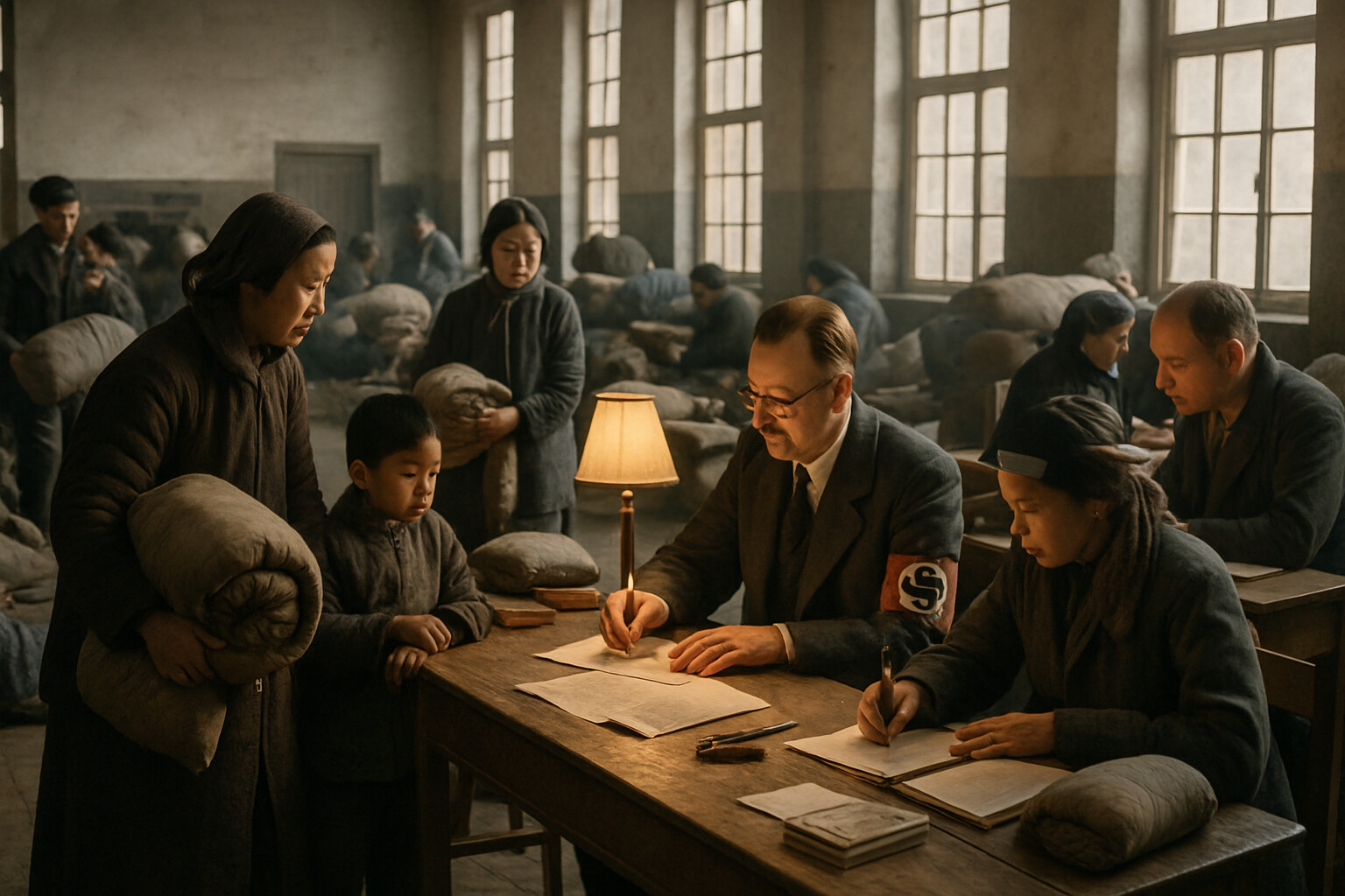 Safety Zone volunteers registering displaced families inside a school shelter during the Nanking crisis.