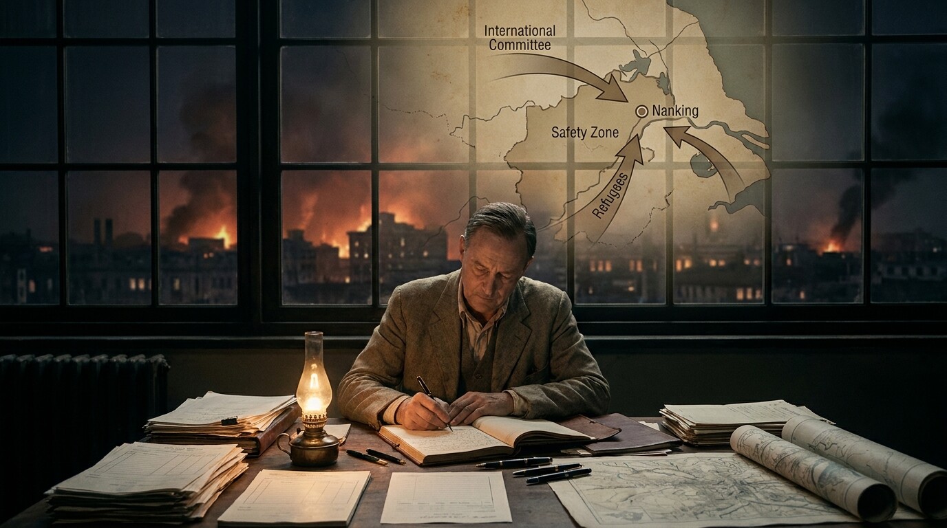 John Rabe writing by lamplight at a desk covered with committee papers and relief records.