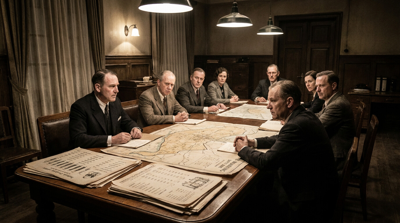 Committee members meeting around a table discussing the refugee crisis, with maps and population charts visible