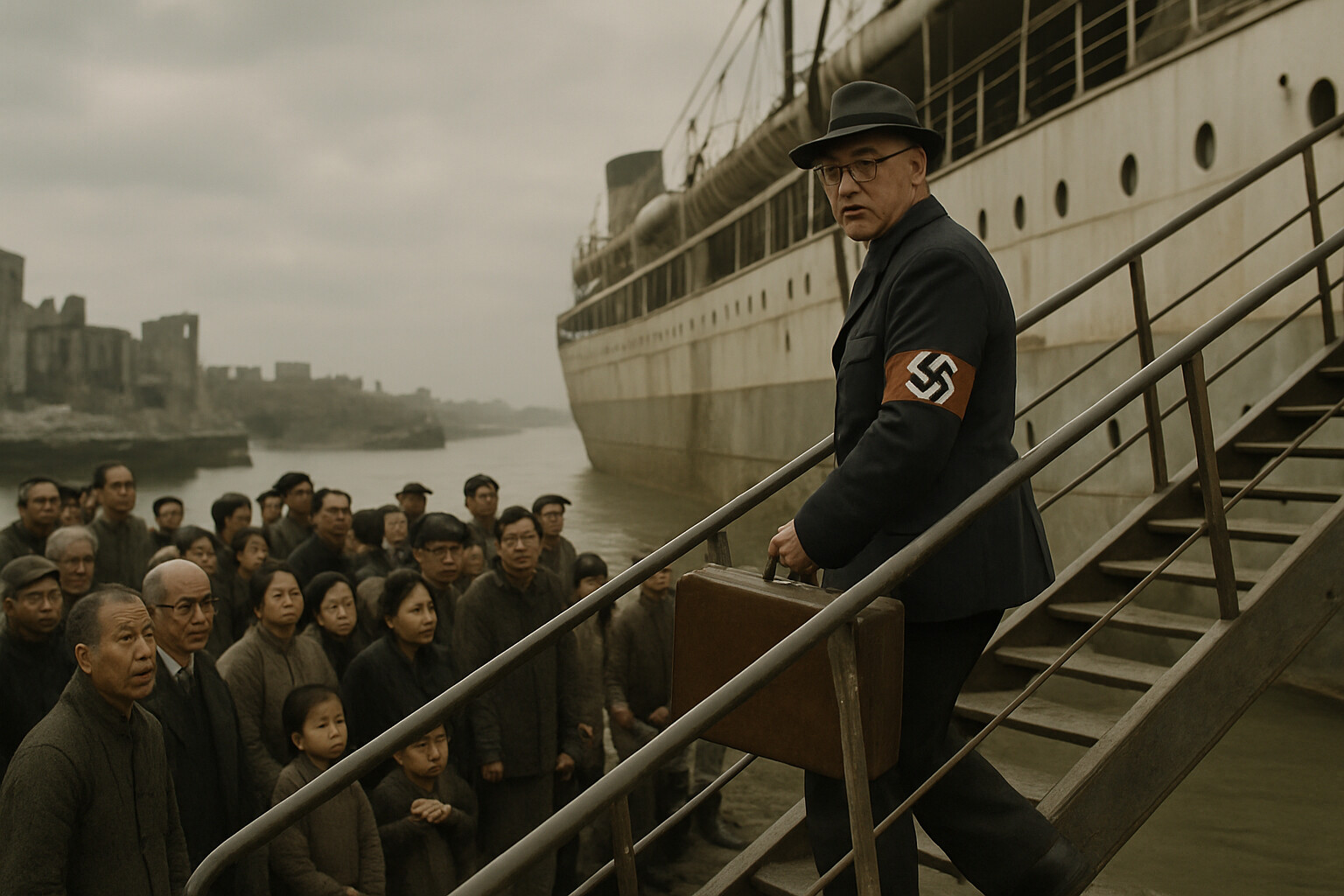 Rabe's departure scene at the dock with Chinese refugees watching as their protector boards a ship back to Germany