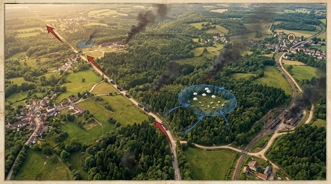 Aerial view of the Morvan forest region showing SOE drop zones and German transportation routes