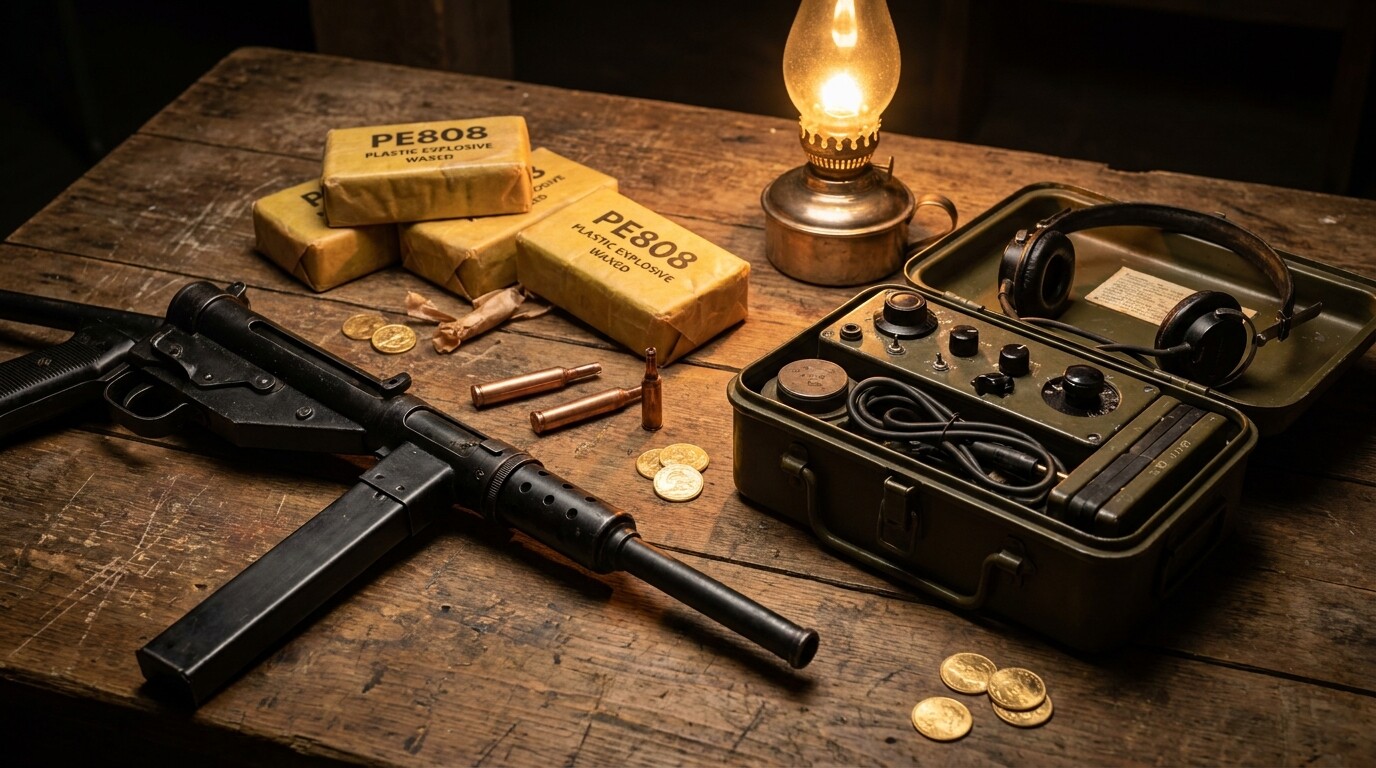 Close-up of SOE equipment: Sten gun, plastic explosives, and wireless radio set