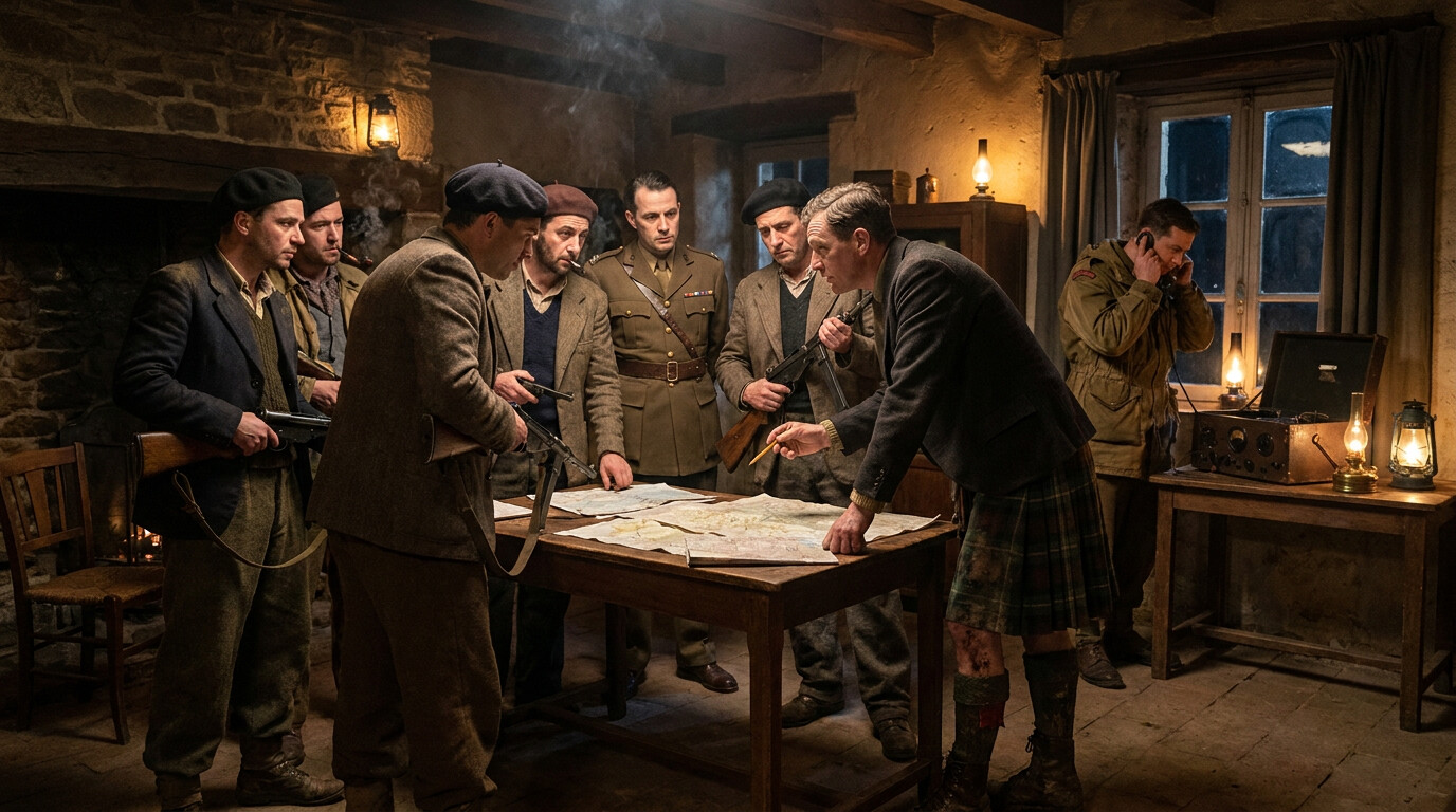 Intimate scene of Macpherson meeting with French resistance fighters in a forest safe house