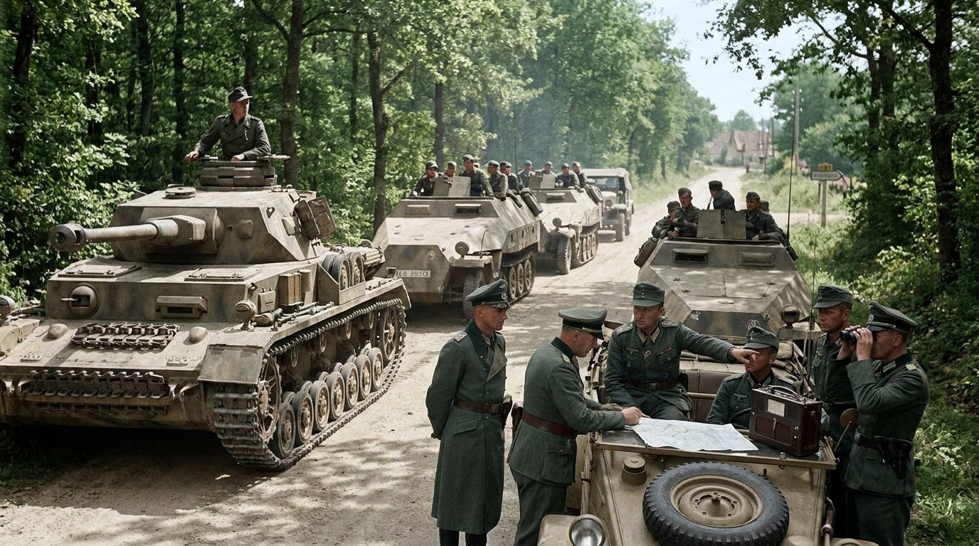 German armored column halted on a country road, delayed by Macpherson's psychological operations