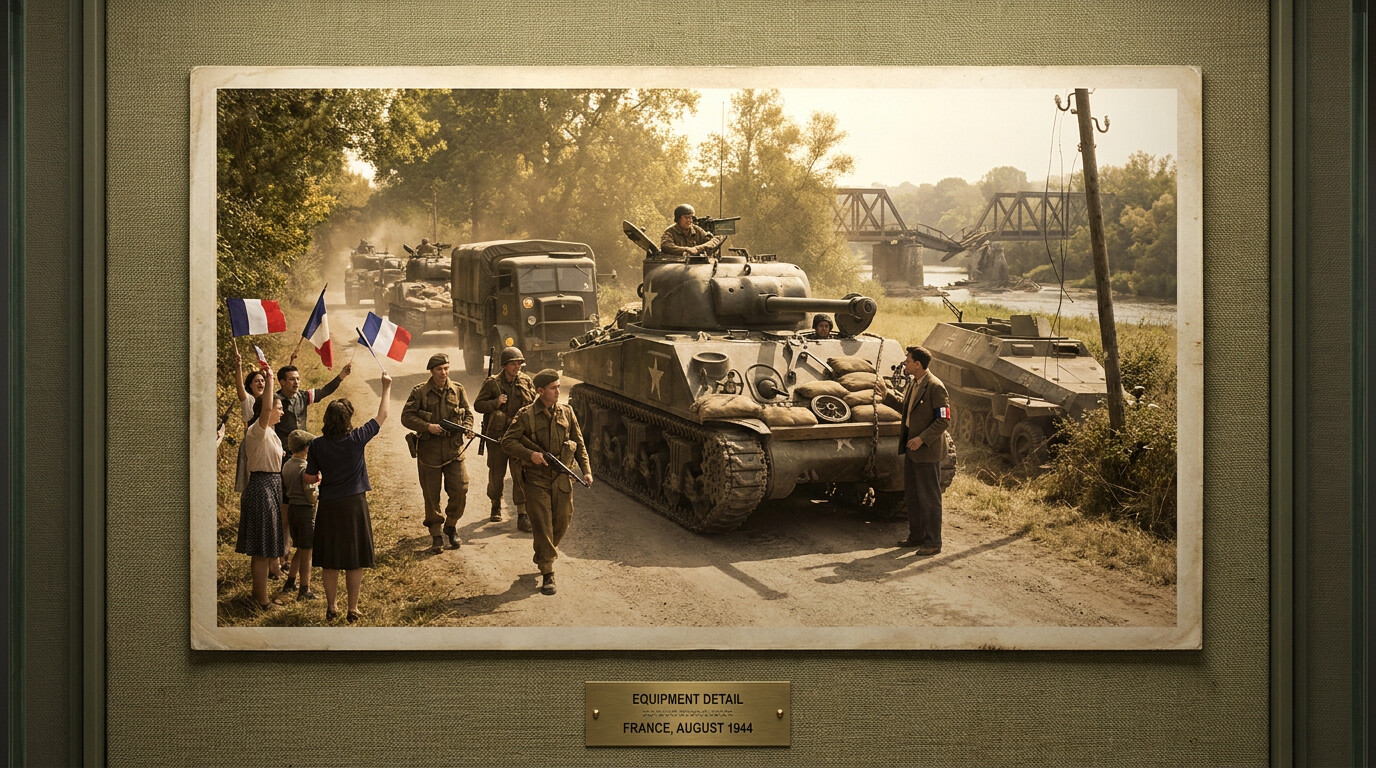 Allied forces advancing through liberated French countryside in late summer 1944