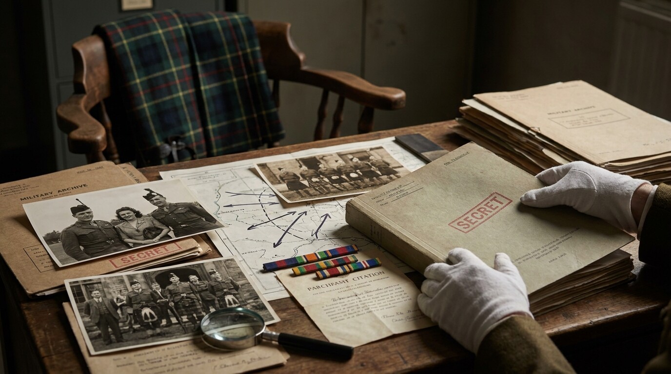 Post-war scene showing military records and documentation of SOE operations
