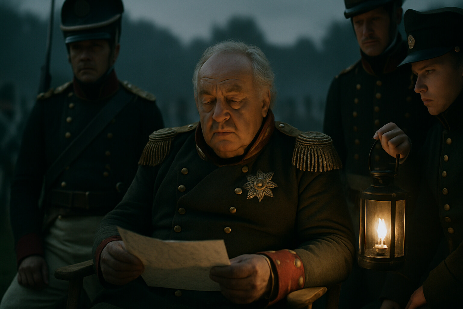 Portrait and context panel: Field Marshal Kutuzov seated in a camp chair at his command post behind the Russian lines, studying a rough map or dispatch. He is heavyset, older, one eye partially closed. Around him are staff officers and an aide holding a lantern. The atmosphere is controlled tension. He is the calm center of a storm about to break.