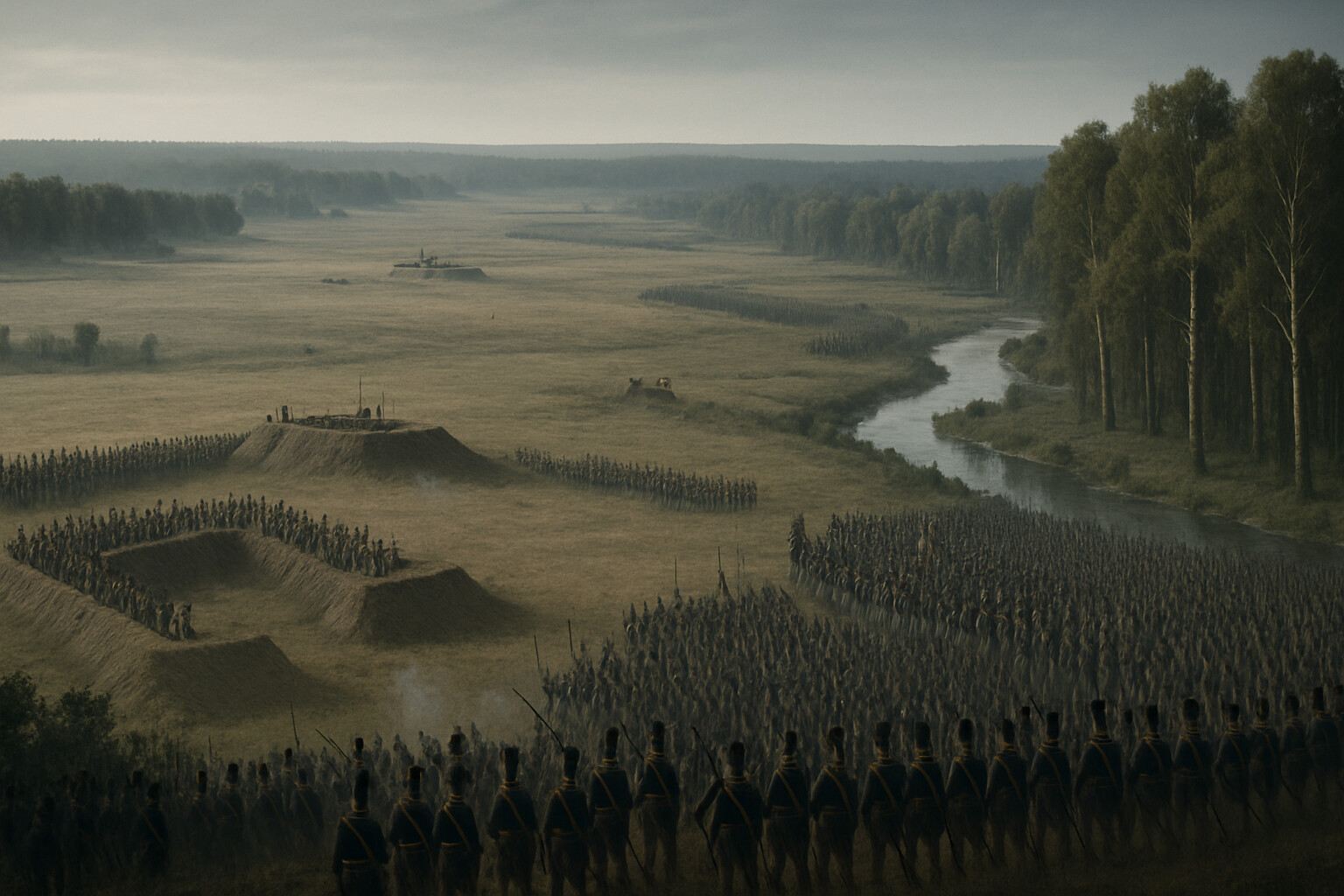 Battlefield geography and scale panel: wide aerial perspective view of the Borodino battlefield looking east, showing the full sweep of the Russian defensive line, the Kolocha River on the north, the Bagration fleches in the south, and the Grande Armée beginning to emerge from western treelines in massive column formations. Shows the true scale of the forces.
