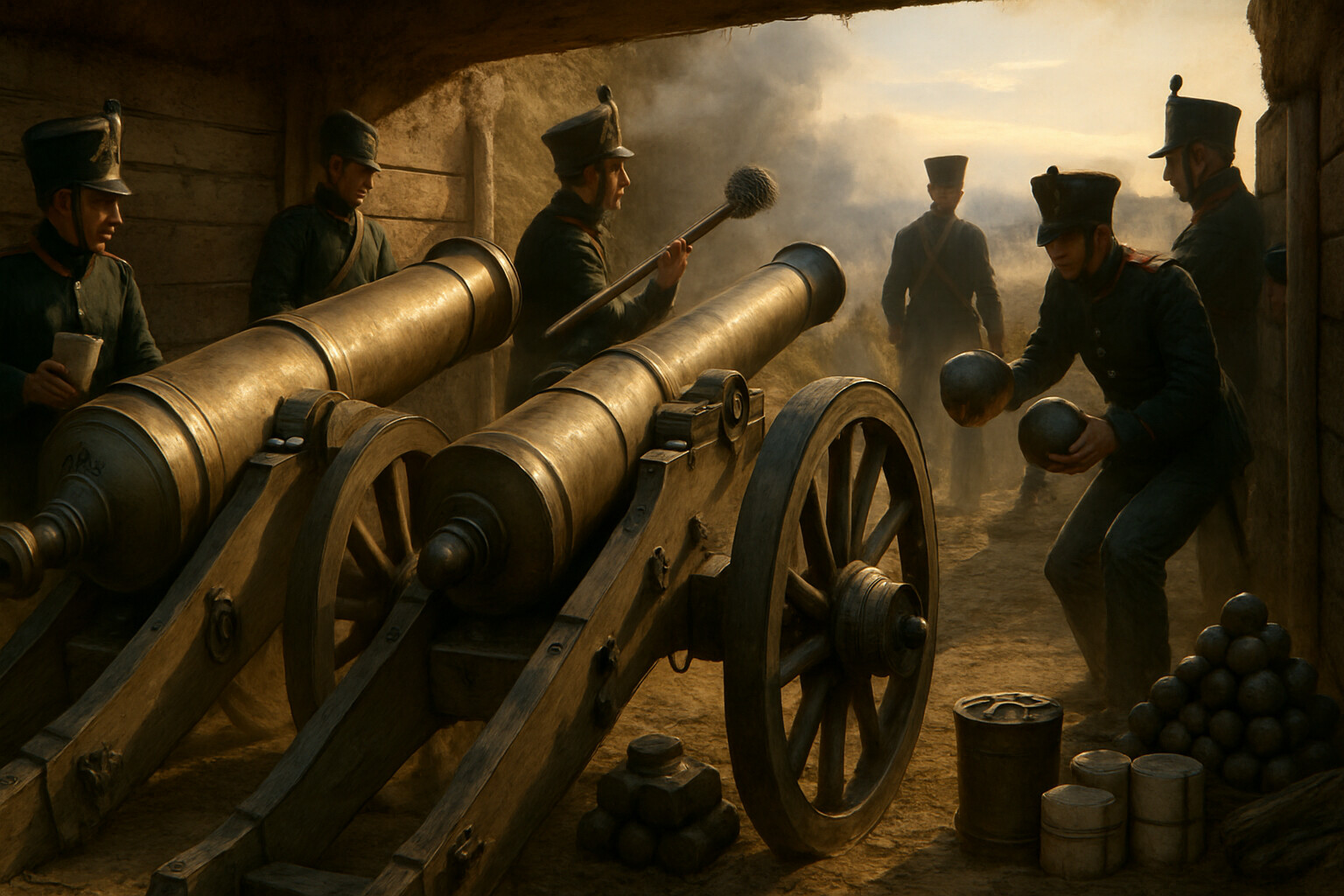 Equipment detail panel: close-up of Russian artillery at the Raevsky Redoubt — a licorne howitzer and a 12-pounder field gun being loaded and prepared for action by their crews. Shows the mechanical reality of Napoleonic artillery, the physical labor of the crew, the ammunition types visible, and the earthwork position around them.