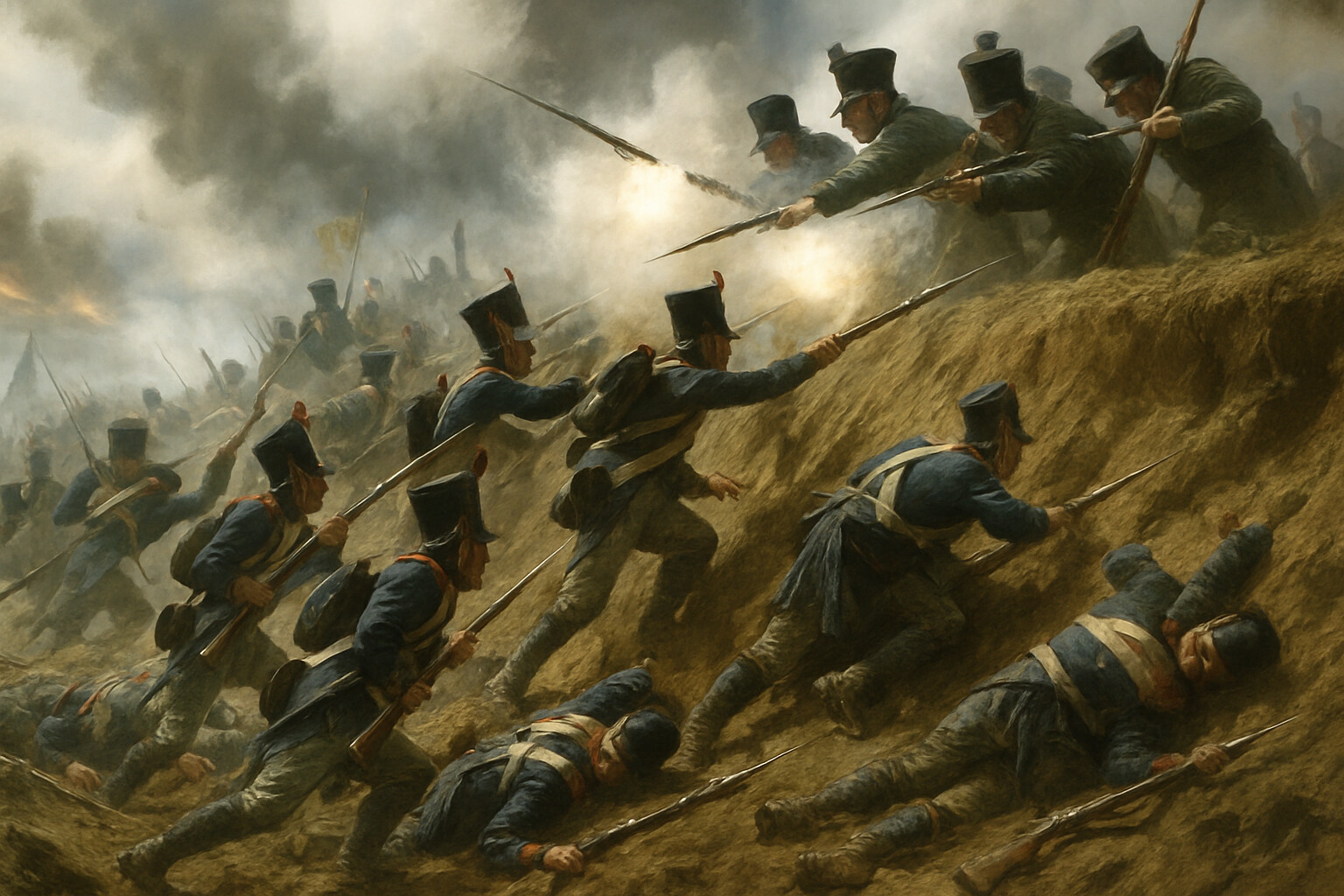 Main action panel: the French assault on the Bagration fleches at the height of the fighting. French infantry in column, having crossed an open field under fire, are climbing the exterior face of the earthwork while Russian defenders fire down into them at point-blank range. Smoke, chaos, bayonets, the collapse of order into close-range fighting.