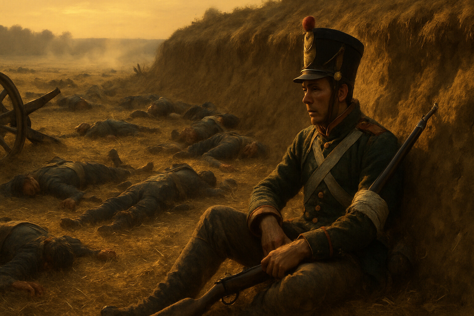 Human cost panel: the Borodino field at late afternoon or early evening. The fighting has passed this section. Wounded and dead from both armies lie together on the ground between the earthworks and the open field. French and Russian soldiers, enemy and ally in death. A lone Russian soldier sits against the earthwork, living but clearly wounded, looking out at the field. The light is golden and low.