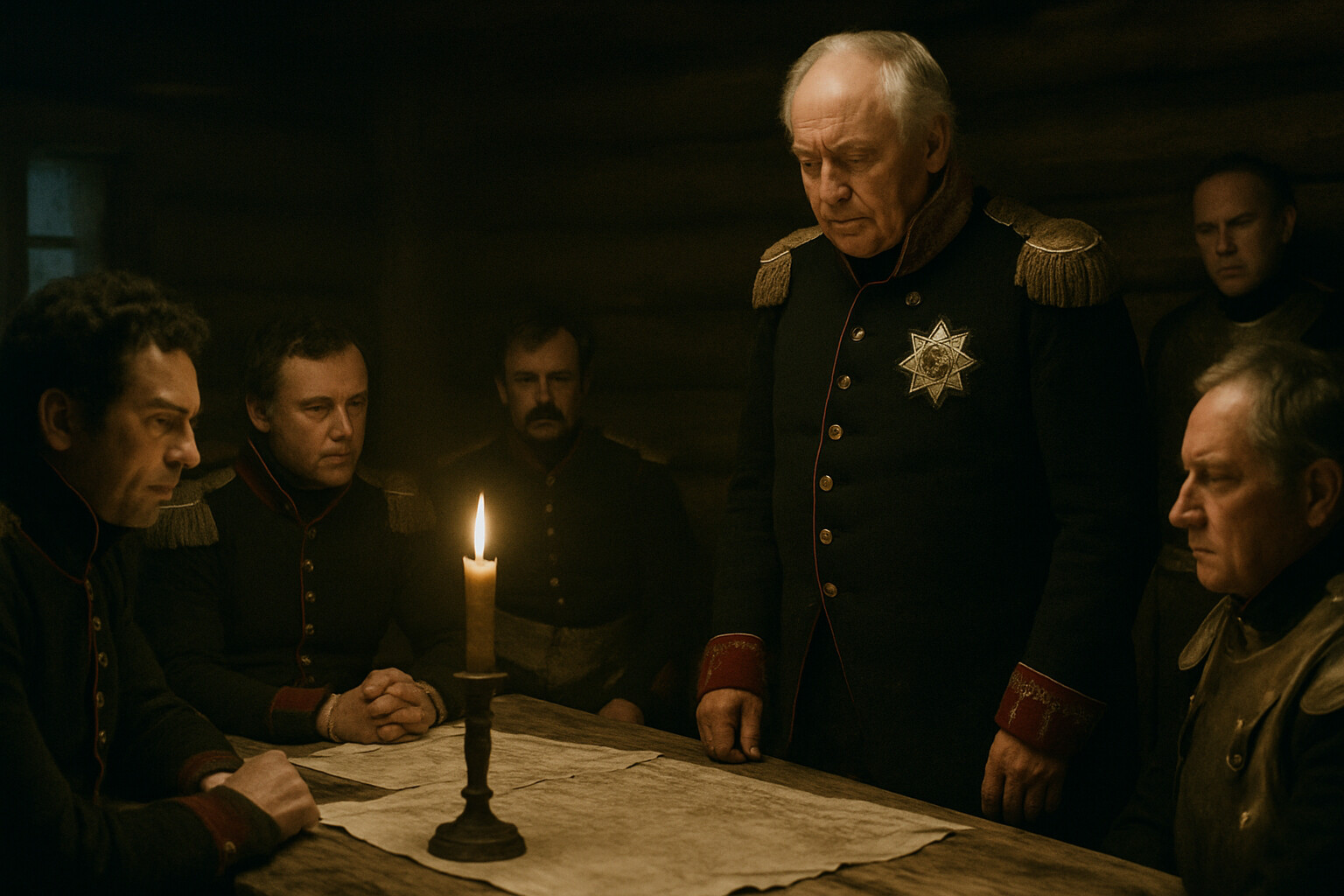 Legacy and record panel: Kutuzov at the Fili council, September 13, 1812 — the moment he ended debate and chose to abandon Moscow. A small group of senior Russian generals in a peasant's hut, candlelight, maps on a rough table, Kutuzov standing at the end of the table, the decision visibly weighing on him and them. The moment that preserved the army and changed the campaign.