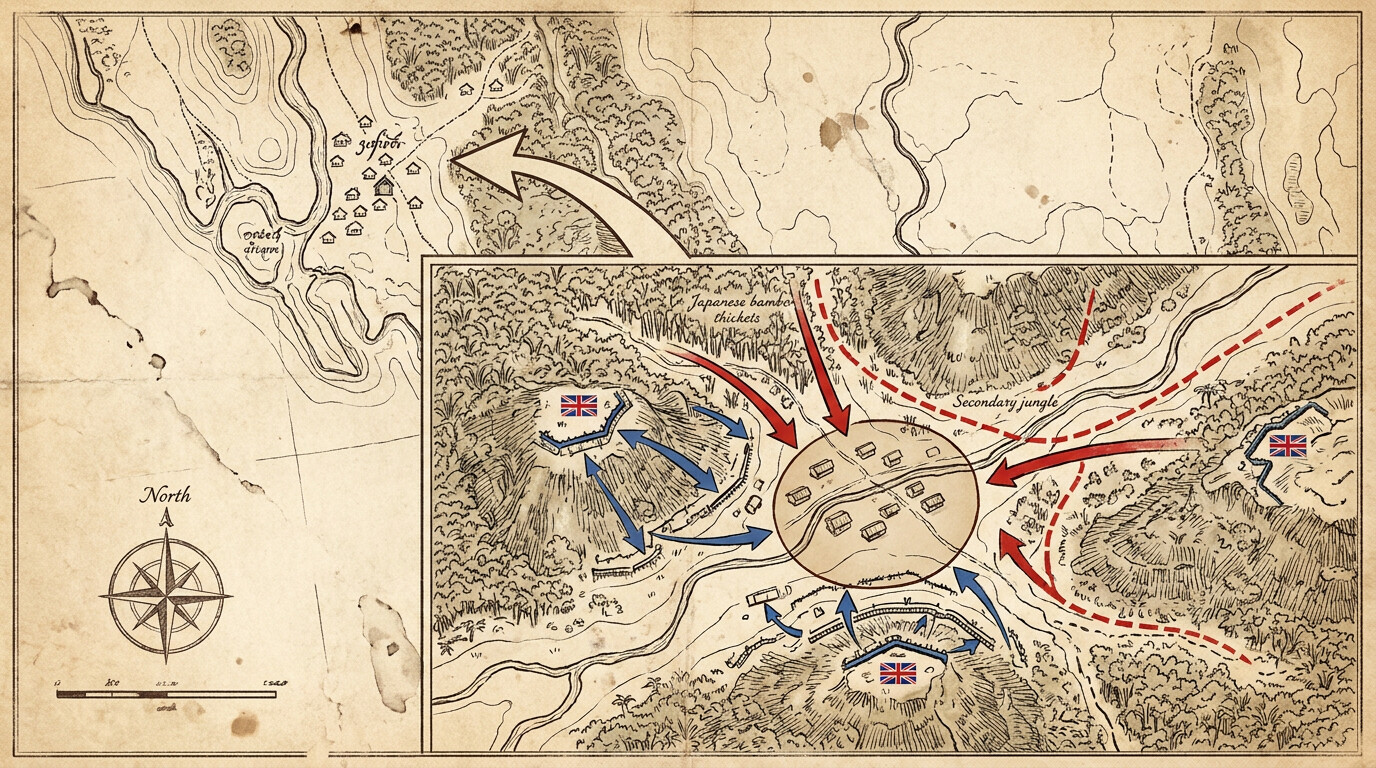 Map overview showing the tactical situation around Taungdaw village in Burma