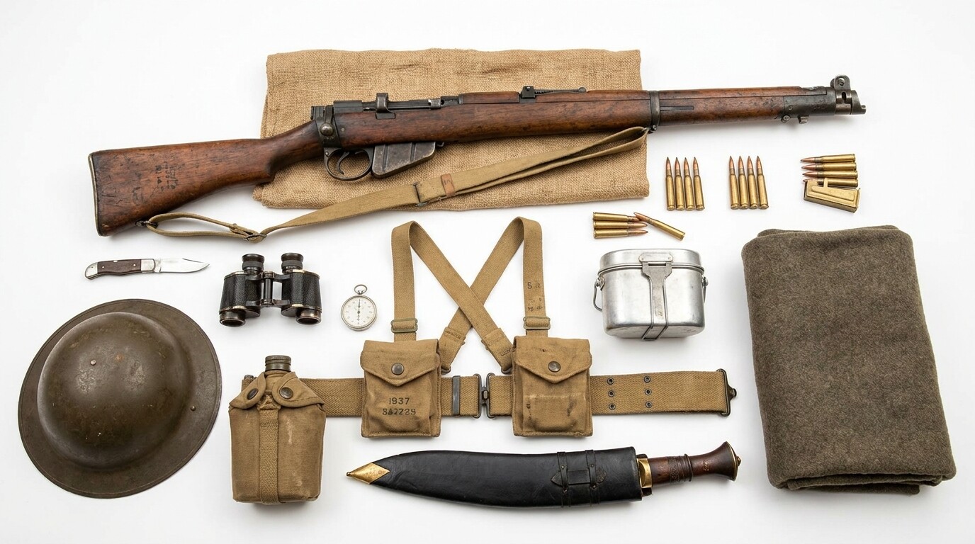 view of Gurung's weapons and equipment laid out to show what he fought with