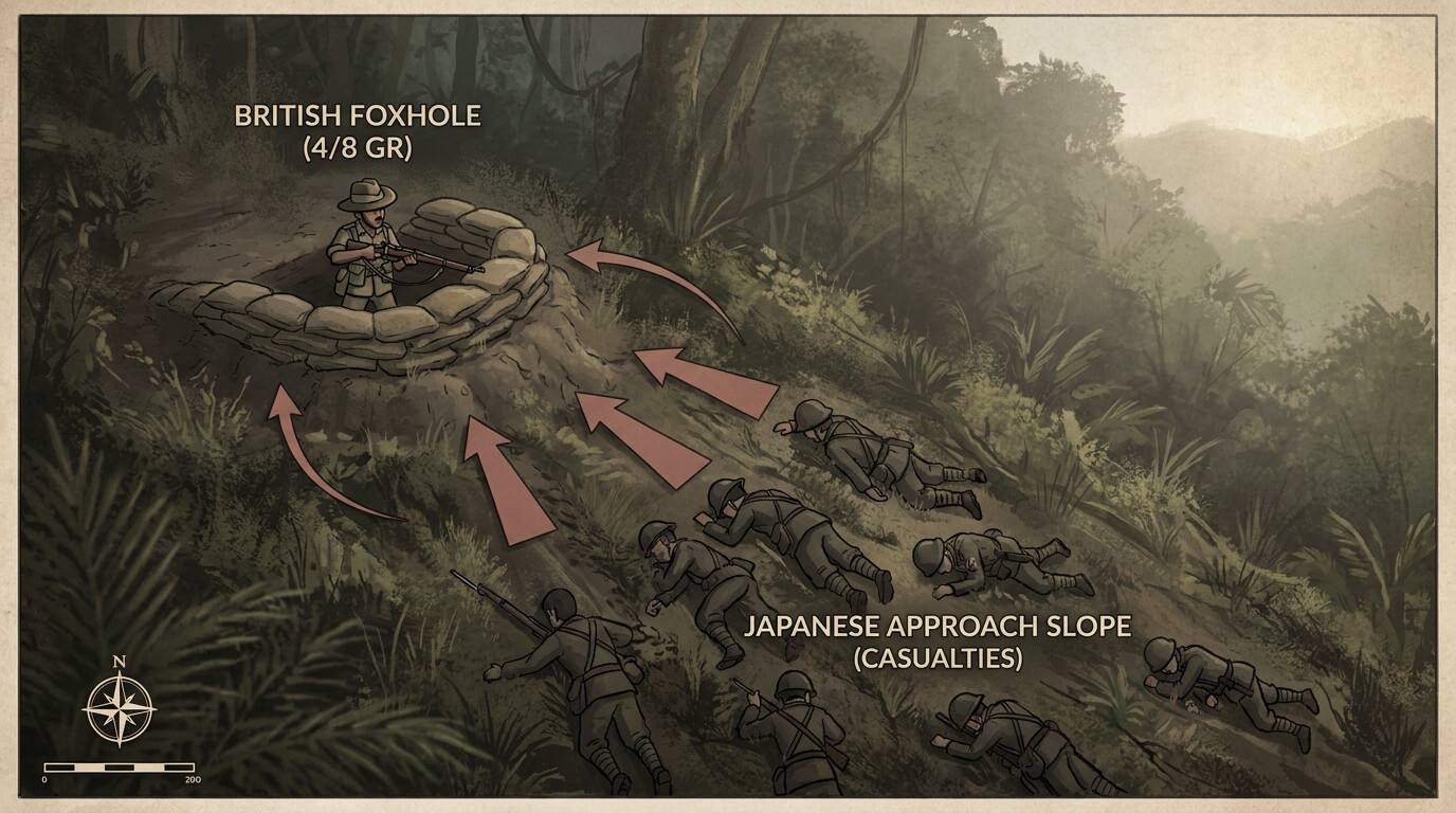 Dawn revealing the aftermath with Japanese casualties scattered on the slope