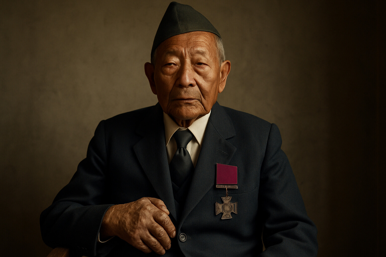 Portrait of Gurung in later life, showing the lasting impact of his wounds but also his dignity