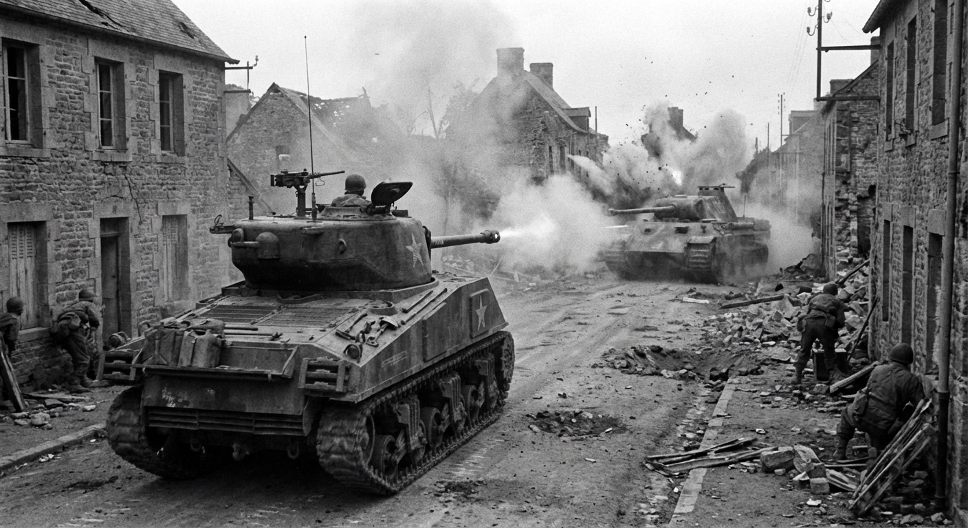 Pool stands half out of the turret scanning a French village while the gun swings toward a target.