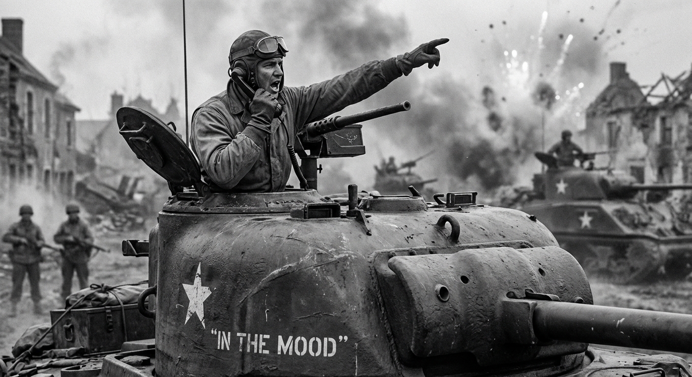 A Sherman fires down a tree-lined lane as German vehicles burn ahead.