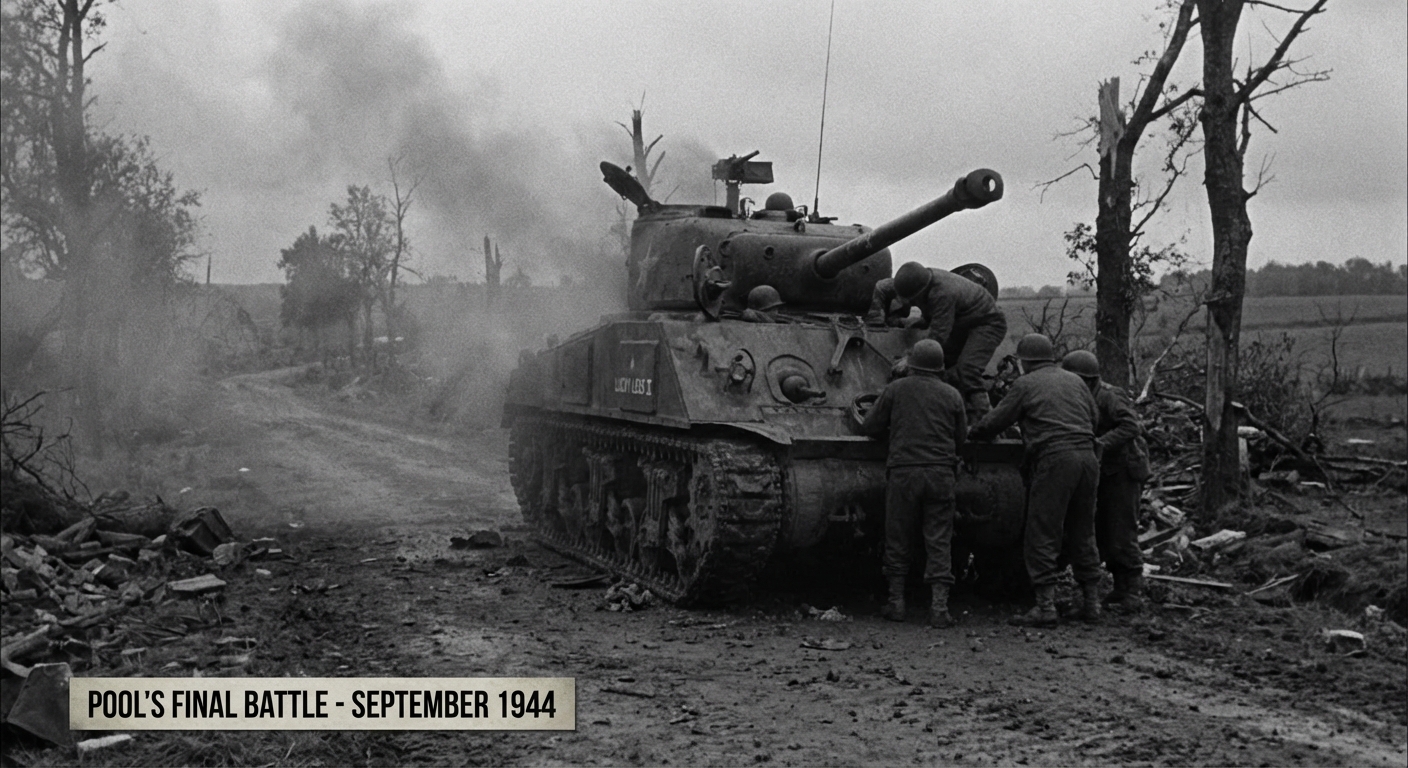 Medics carry the wounded tanker while his knocked-out Sherman smokes on the edge of battle.