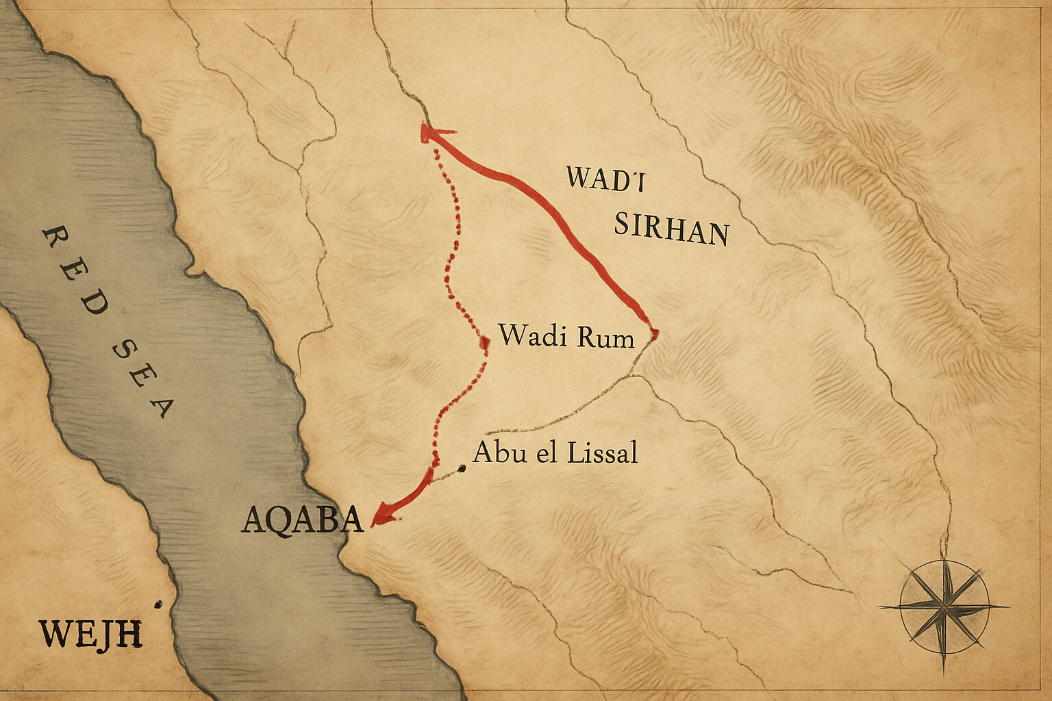 Map panel: a period-appropriate illustrated map of the Arabian Peninsula and Sinai showing the route from Wejh northward through the Wadi Sirhan and then southwest to Aqaba, with the Gulf of Aqaba and Red Sea visible.