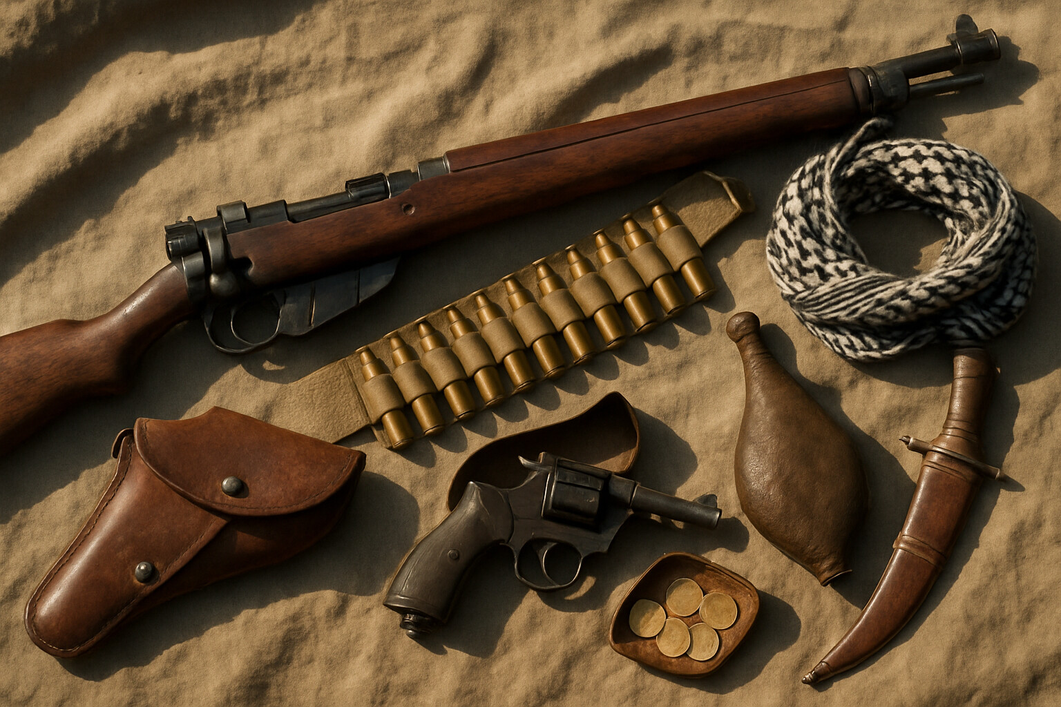 Equipment panel: A detailed view of the weapons and kit carried by Arab Revolt fighters — Lee-Enfield rifles, ammunition bandoliers, camel saddle equipment, and the gold sovereigns that were a critical logistical tool.