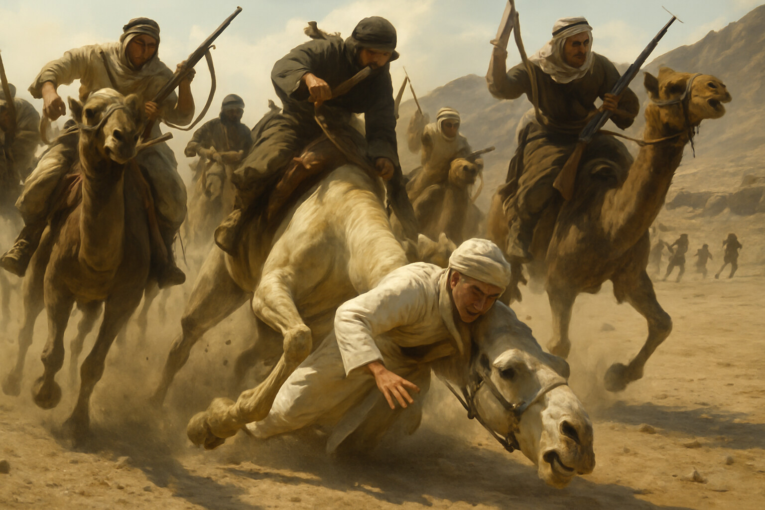 The mounted charge at Abu el Lissal: Arab fighters on camels charging across open ground toward an Ottoman position. Lawrence is among the riders; his camel has just been shot and is falling. Dust, noise, chaos, and speed.