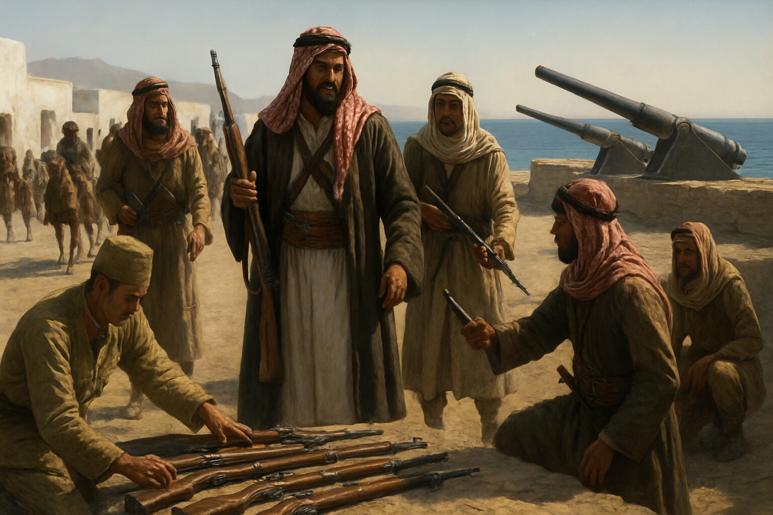 The fall of Aqaba: Arab fighters entering the port town from the landward side, with the sea visible ahead of them and Ottoman prisoners being disarmed. The coastal guns are visible pointing out to sea — useless, facing the wrong direction.