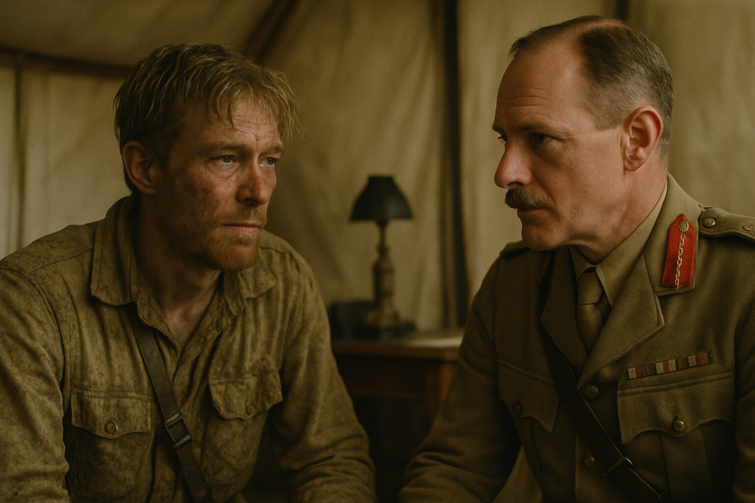 Intimate human scene: Lawrence, filthy and exhausted from weeks in the desert, meeting with General Allenby at Suez. Two men in a tent or headquarters room — one just arrived from the wilderness, one the commander of an entire theater. The contrast in appearance and the gravity of the conversation.