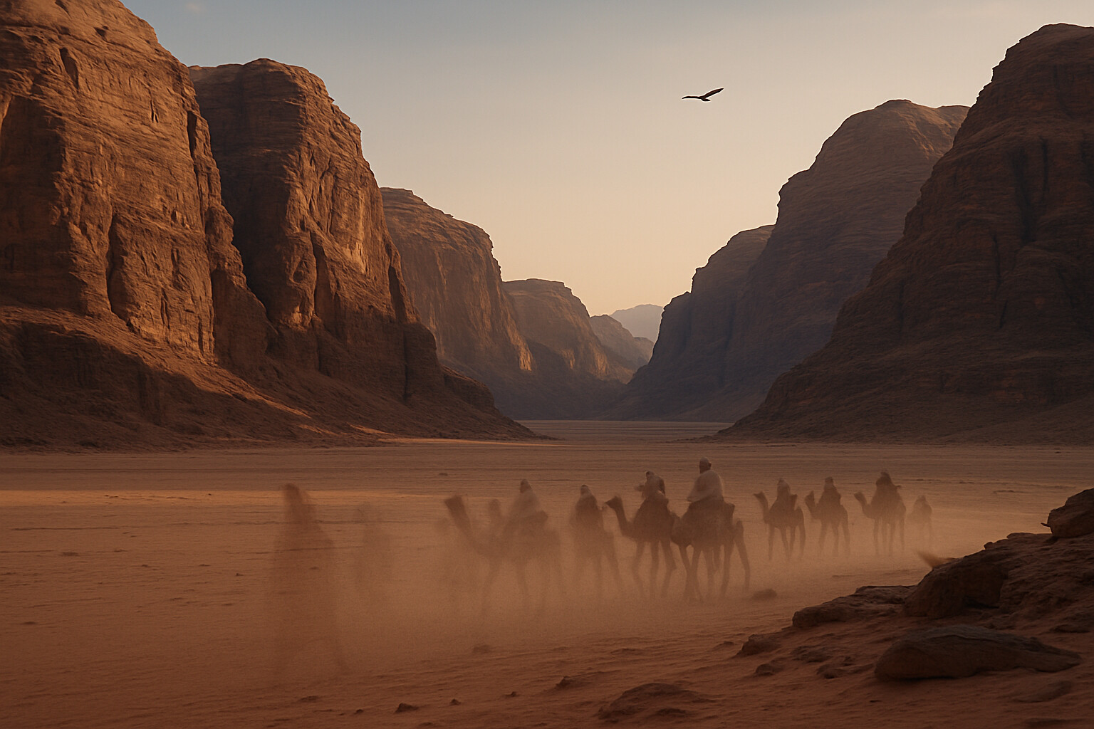 Legacy/record panel: The landscape of Wadi Rum today — the same towering sandstone formations that Lawrence and Auda's column passed through in 1917 — with a visual reference to the historical moment layered over the present geography.