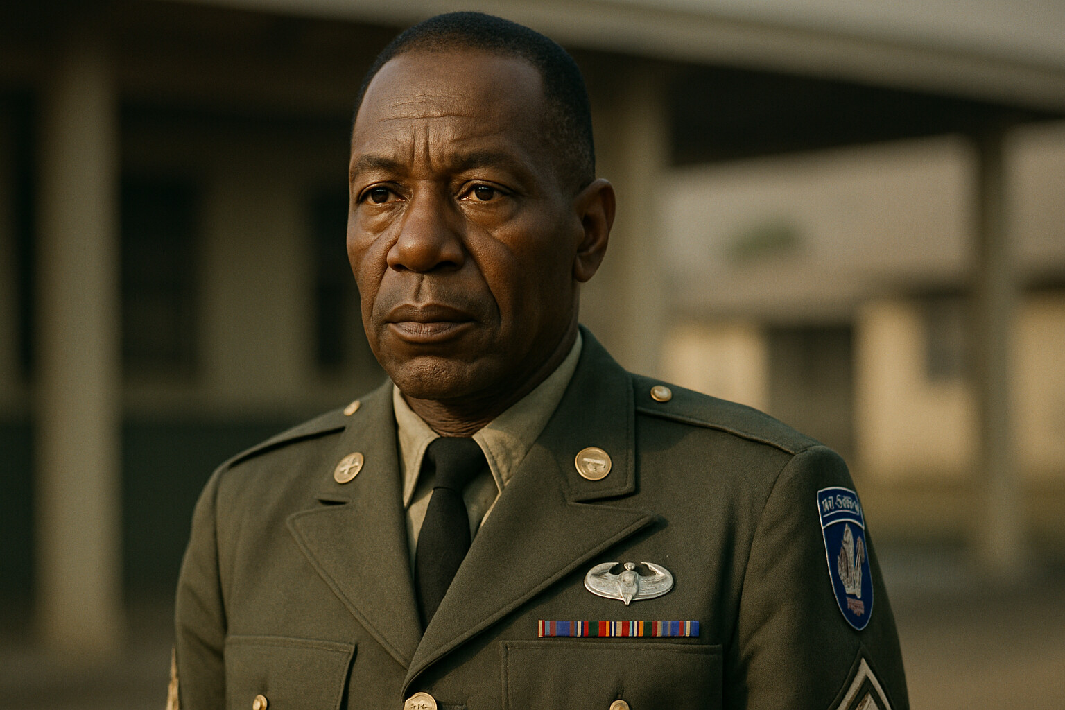 Portrait of Lawrence Joel in uniform, set against the context of 1960s Army service