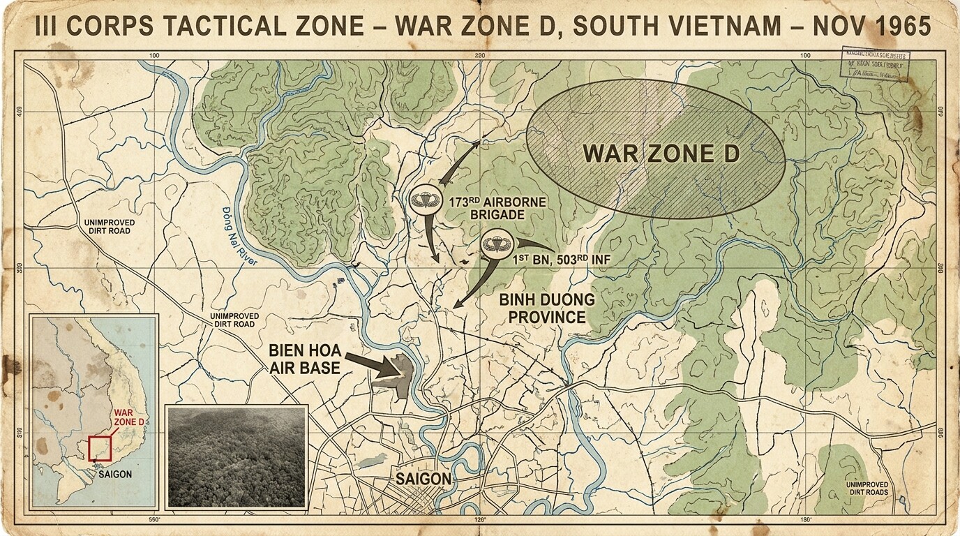 Map and terrain panel: War Zone D and the operational context of 173rd Airborne Brigade operations in 1965