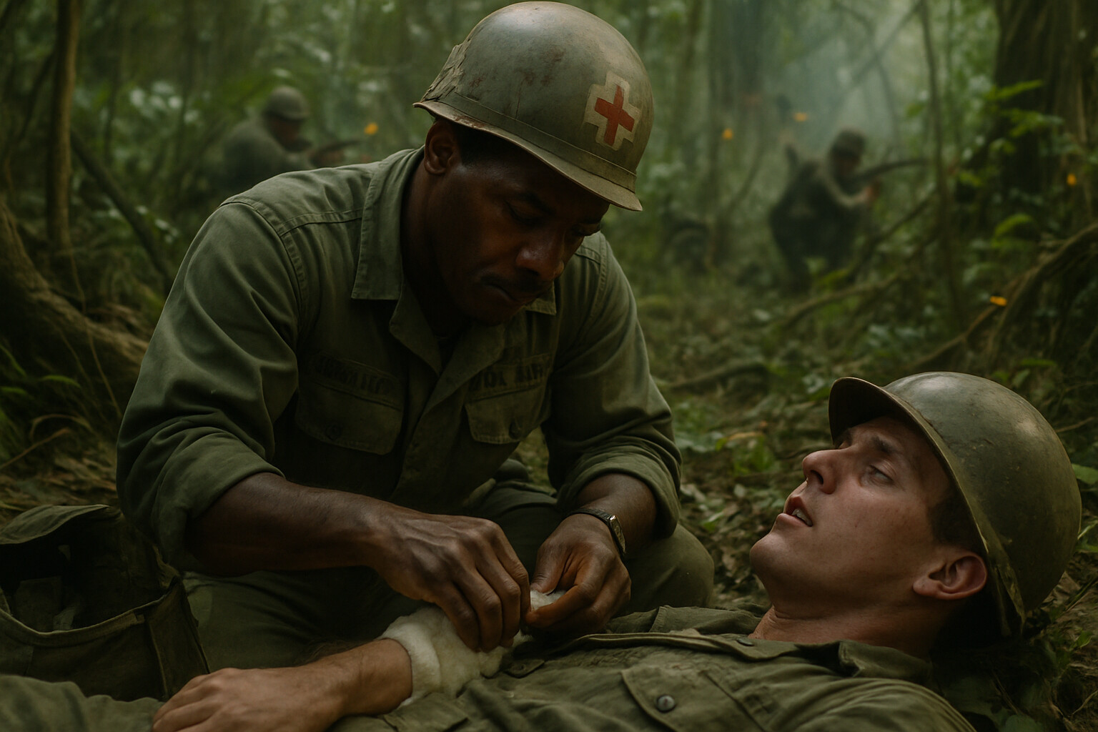 Intimate human scene: Joel treating a wounded soldier in the undergrowth, focused and working