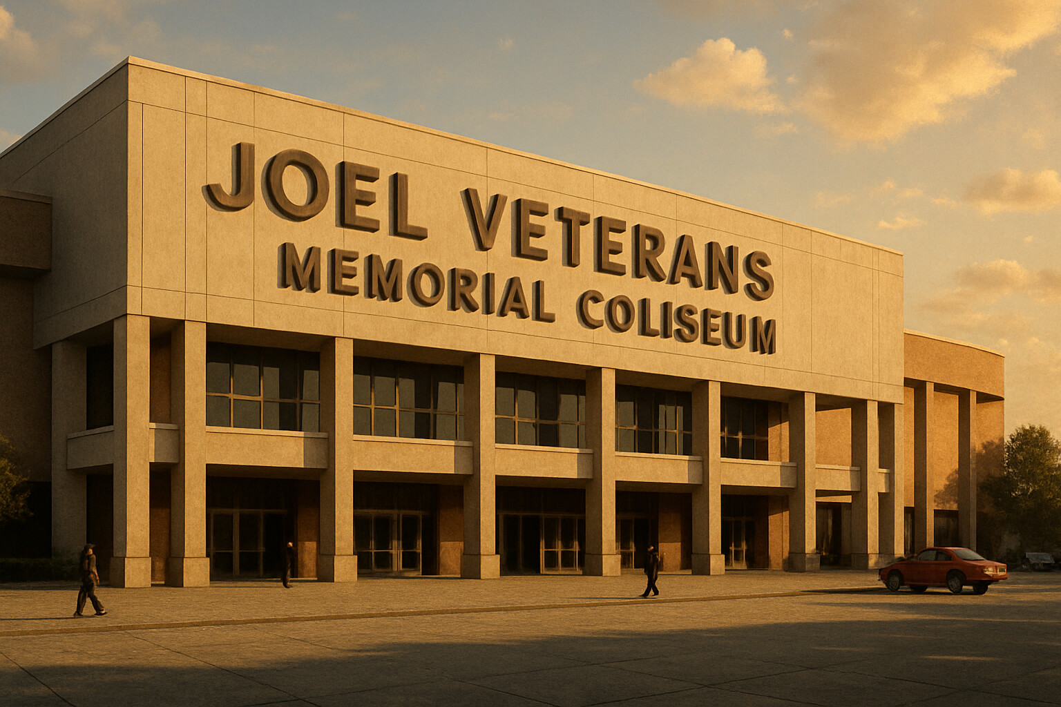 Legacy panel: the Joel Veterans Memorial Coliseum exterior in Winston-Salem, a permanent mark in the landscape