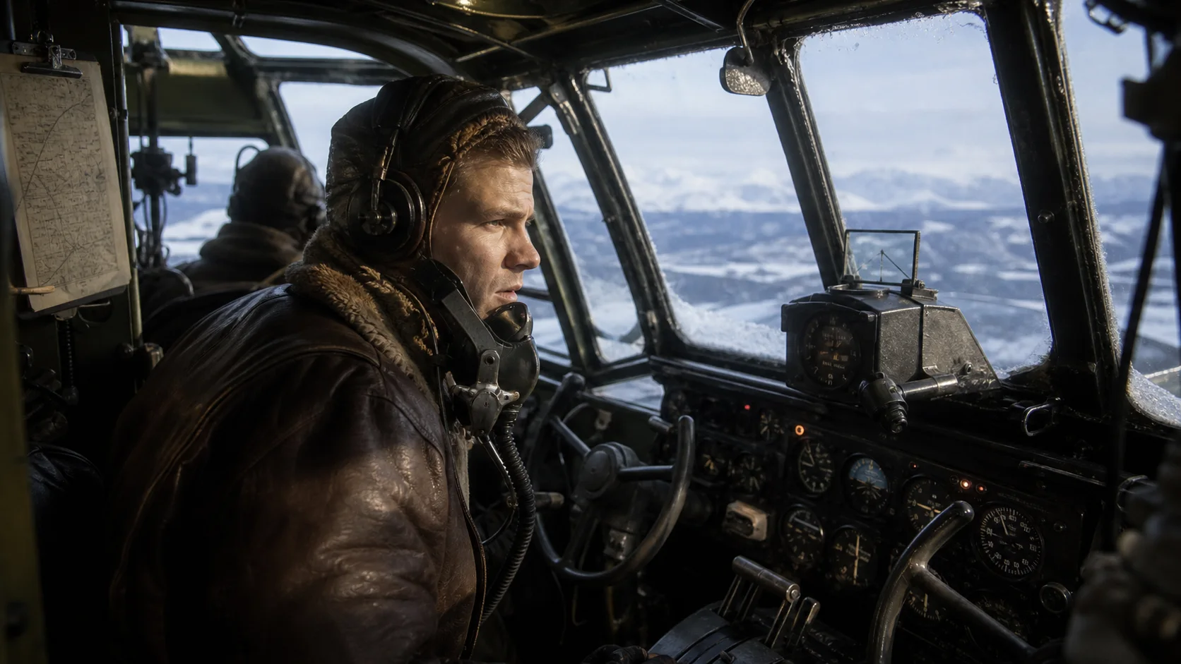 Generated cinematic image of Lt. Leon Crane inside a B-24 cockpit over Alaska