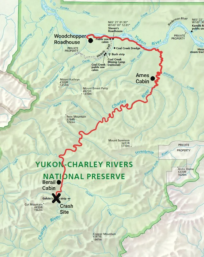NPS map showing the Leon Crane crash area and survival route