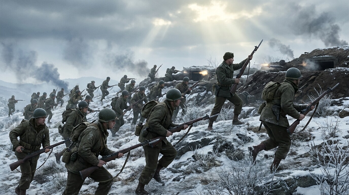 The charge: Easy Company advancing up the slope of Hill 180 under fire, bayonets fixed, Millett at the front. The decisive action frame — the image that defines the story.