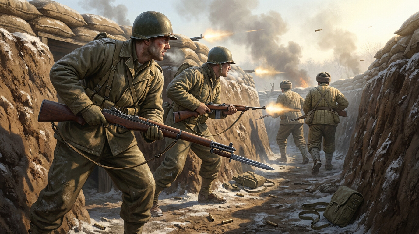 Close quarters on the hilltop: the assault entering the Chinese trenches. Immediate, violent, close. The geography of a trench fight — narrow space, short range.