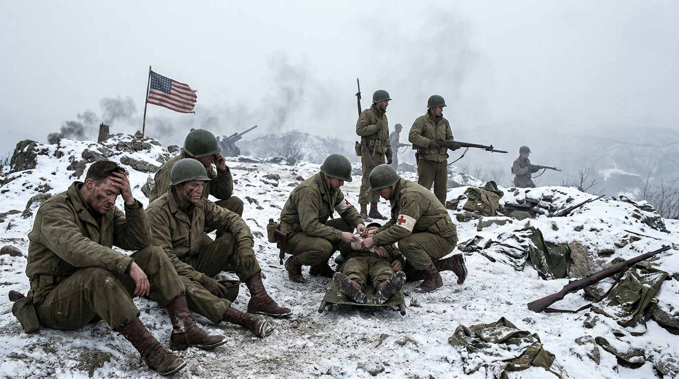 Aftermath and cost: Easy Company on the crest of Hill 180 after the assault. Victory, exhaustion, and the weight of what just happened. Medics attending to wounded. The hill is taken but the cost is real.
