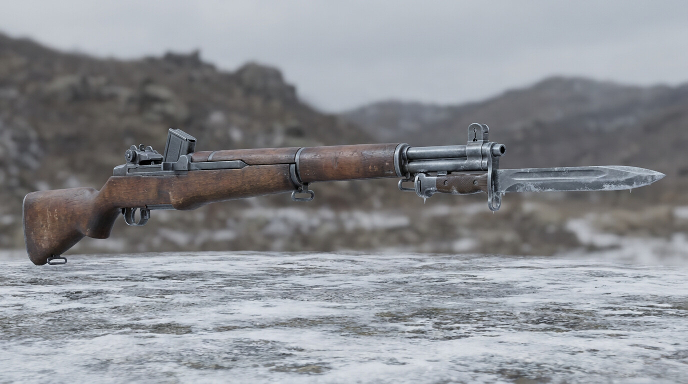 Equipment detail panel: the M1 Garand with fixed M1 bayonet, close-up, technically accurate, in Korean War field conditions — the weapon that defines this story.