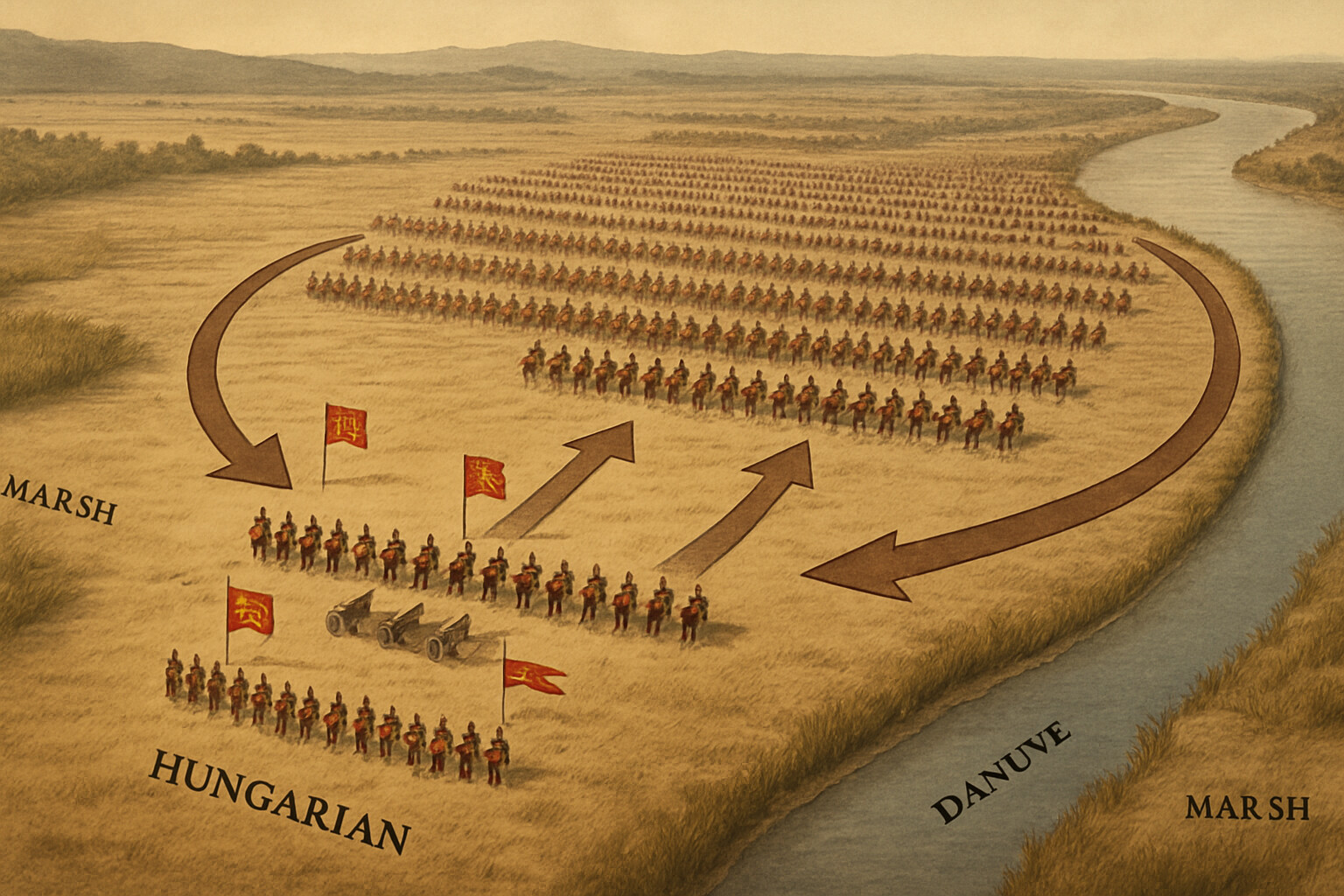 Establishing overview: A wide birds-eye or elevated map-style view of the Mohács plain showing the two armies deployed, the Danube to the east, the marshes on the flanks, and the Ottoman numerical depth compared to the Hungarian line.