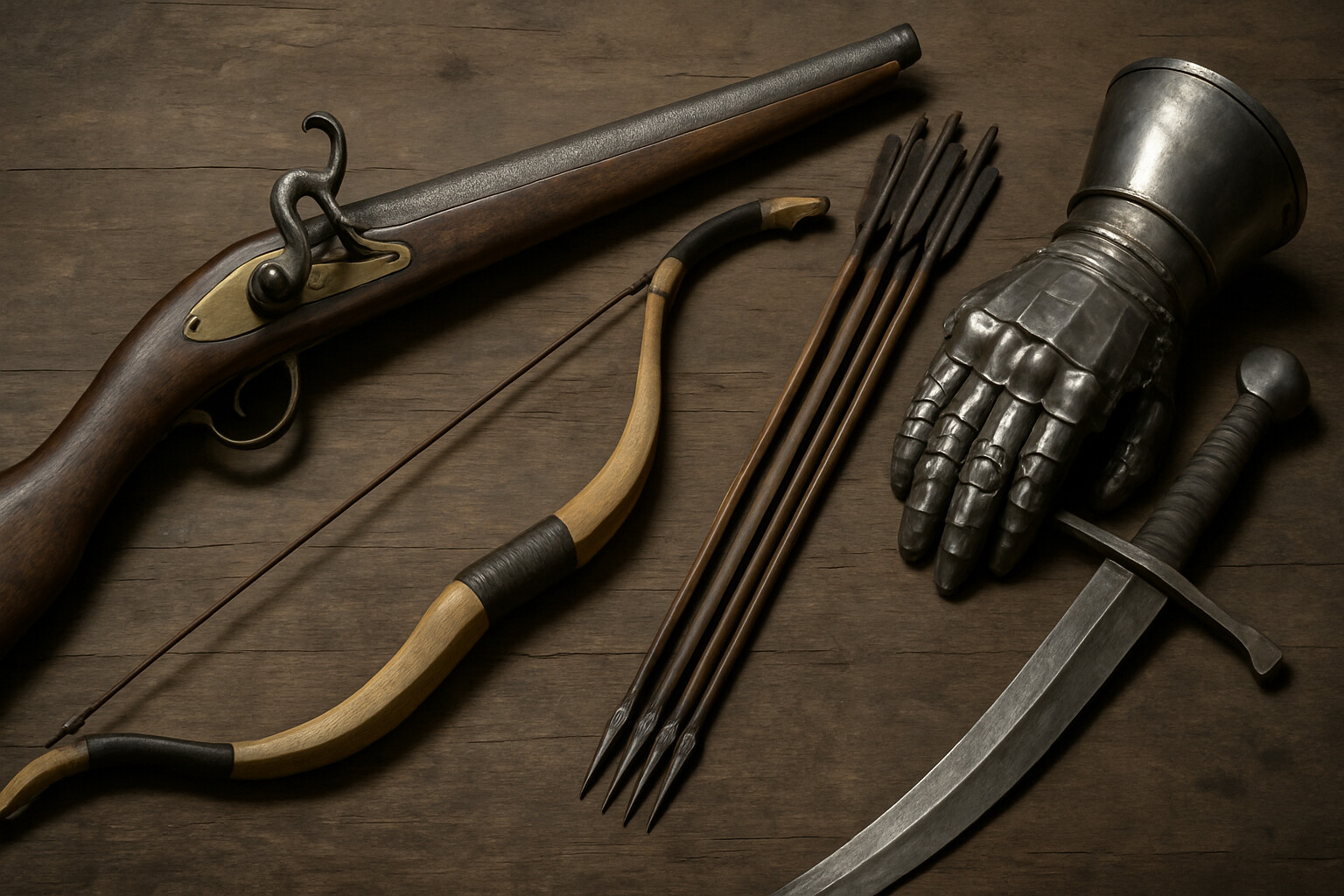 Equipment panel: A close-up, museum-quality technical illustration of the key weapons on both sides — the Janissary arquebus, the Ottoman composite bow, and a Hungarian plate armor gauntlet and sword — arranged as if on a display table or laid out for inspection.