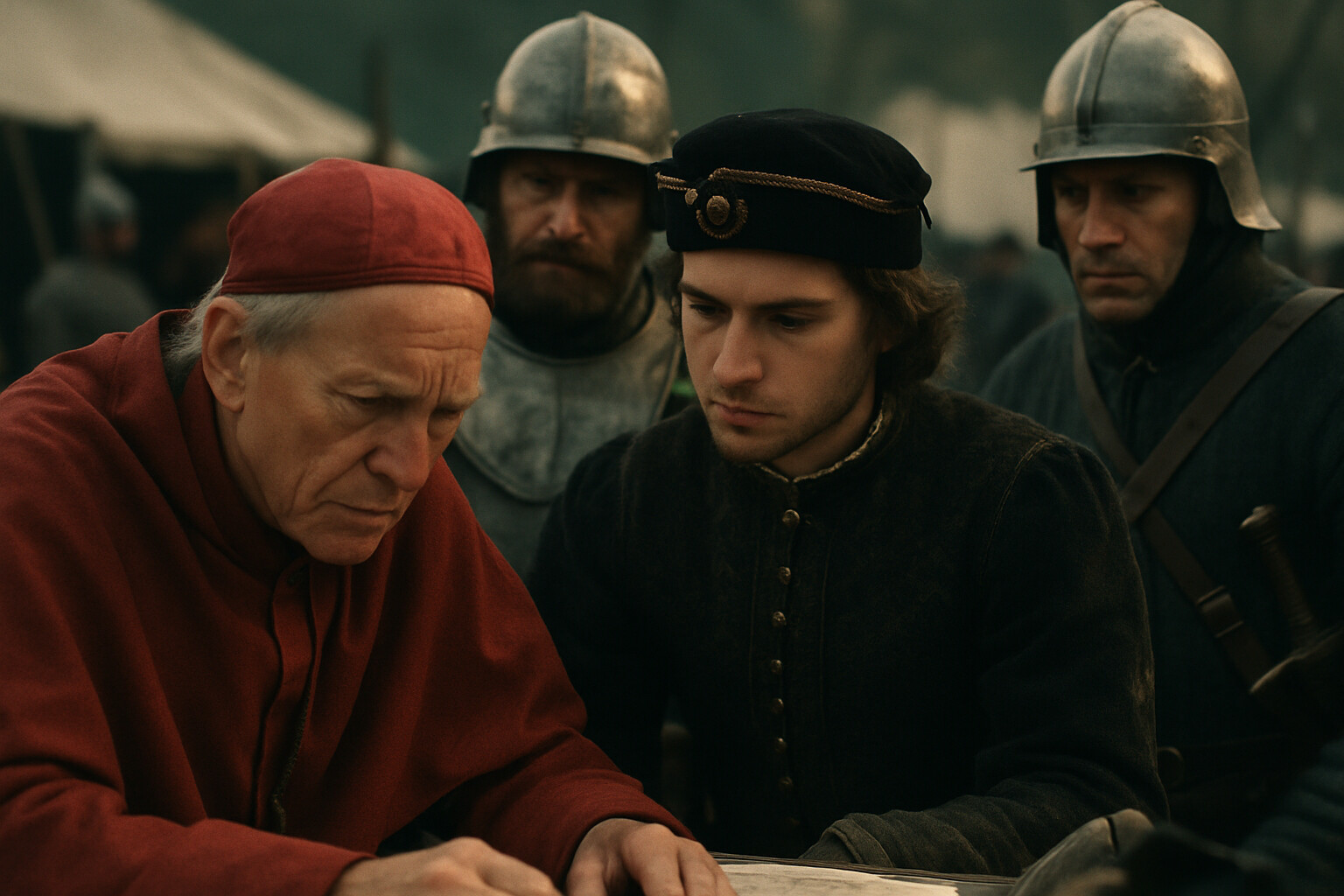 Human moment: Archbishop Tomori in the pre-battle consultation with Louis II and senior commanders, the tension of the decision to attack rather than wait visible in the body language of the group.