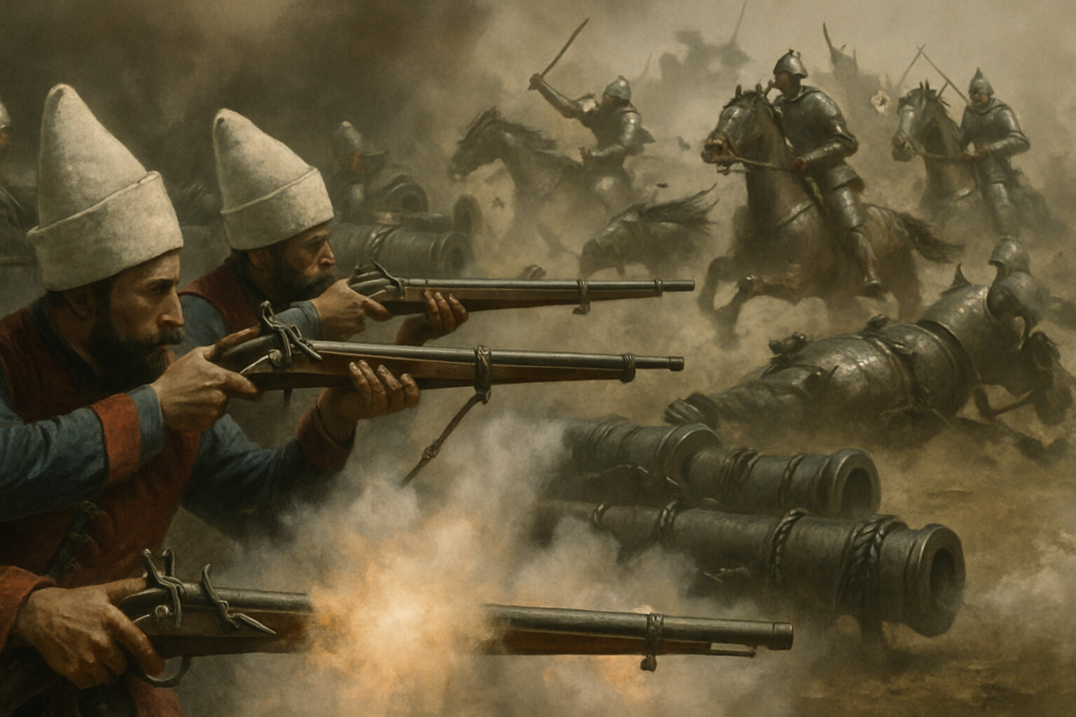 Peak action: The Ottoman artillery and Janissary line firing as the Hungarian cavalry charge breaks apart in front of it — smoke, falling horses, the chaos of the decisive moment.
