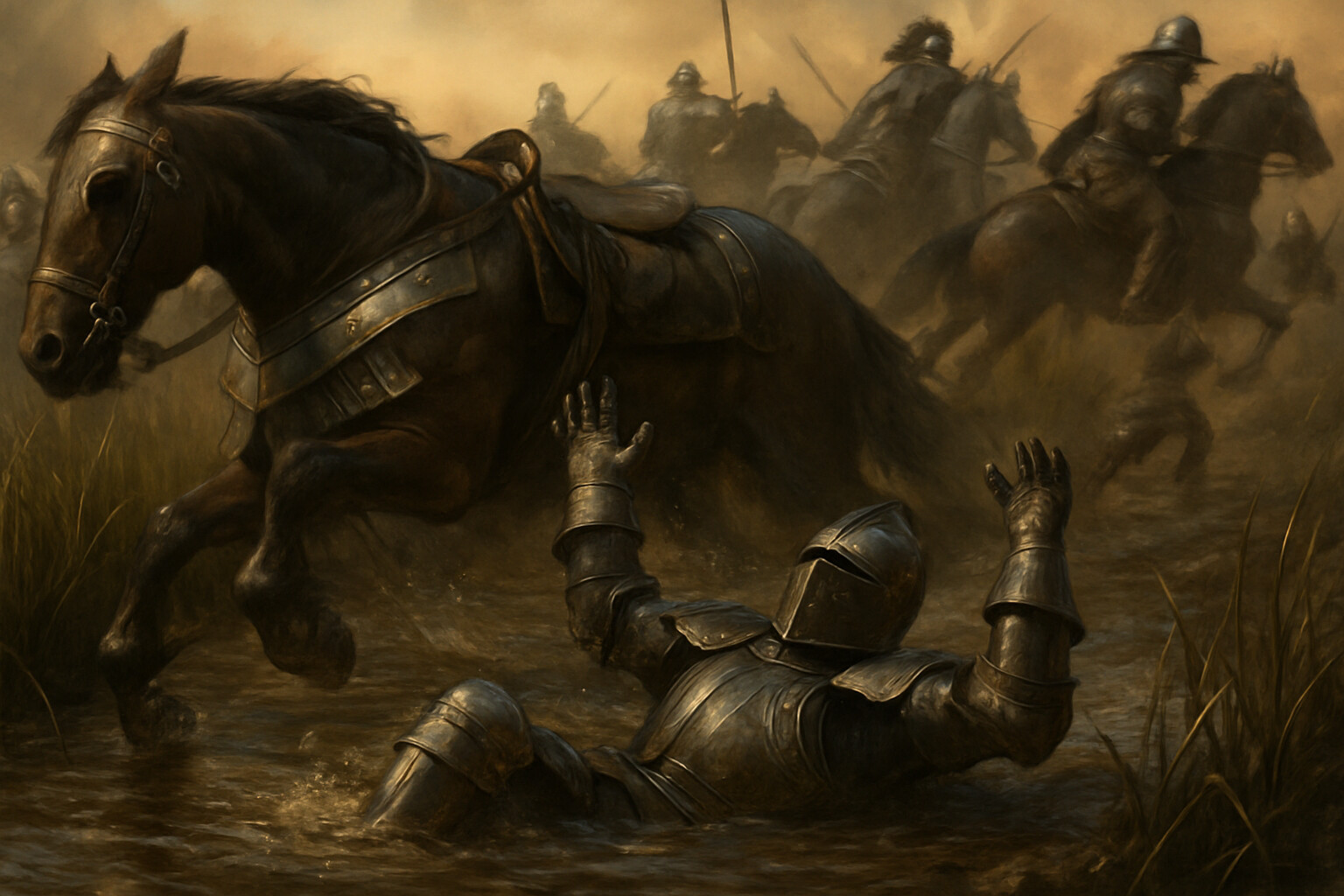 The death of Louis II: The king's horse falling at the Csele stream in the chaotic retreat, the armored figure going down into the water or marsh, other survivors fleeing past.