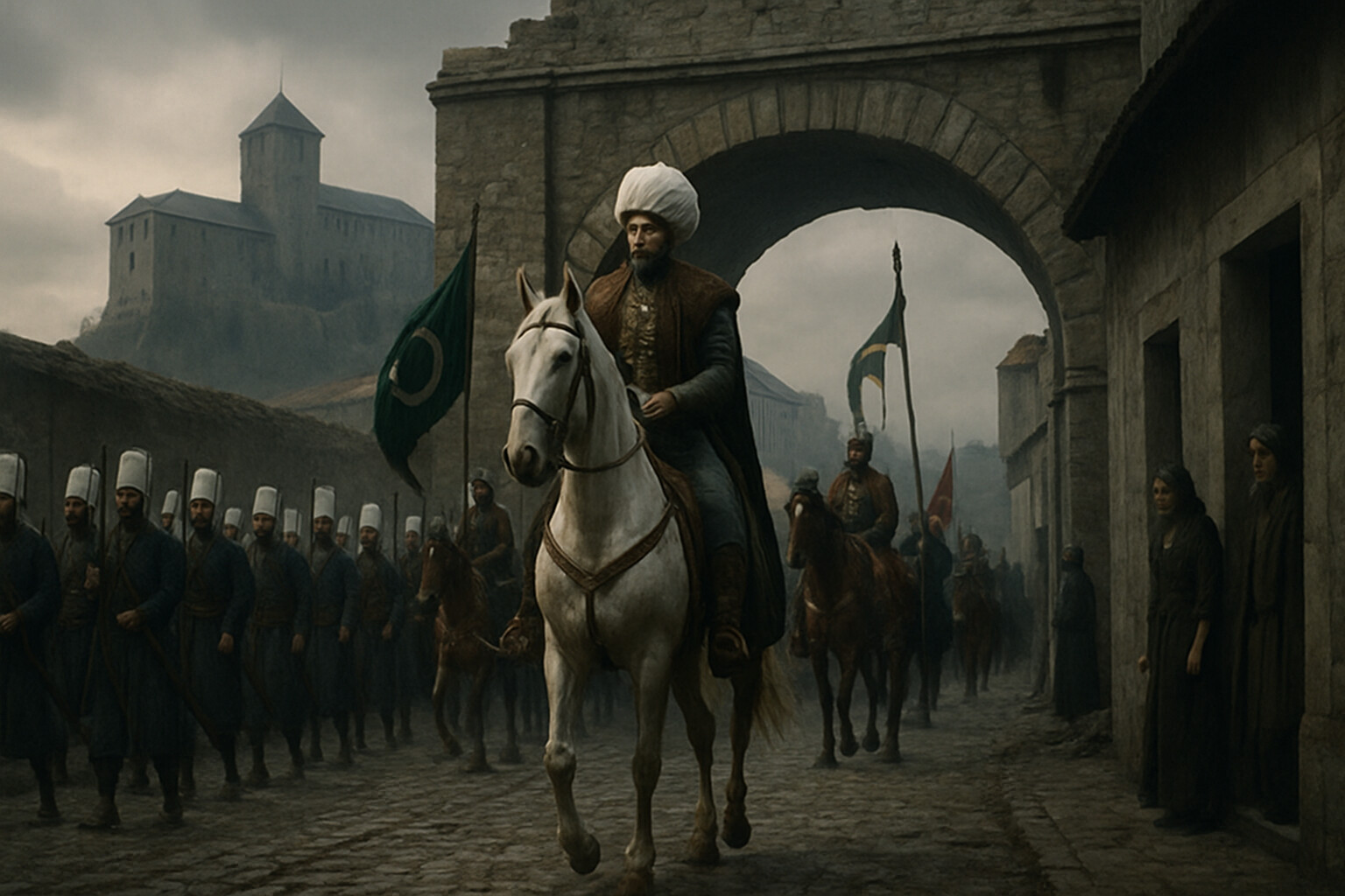 Legacy and aftermath: Suleiman's army entering Buda — the Ottoman sultan on horseback at the gates of the Hungarian capital, the empty palace behind him, the human cost of Mohács made concrete in the vacant city.
