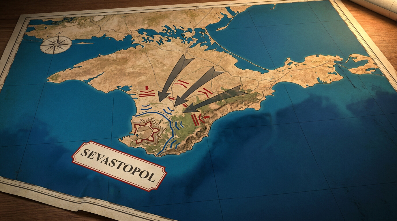 Aerial view map of Crimean Peninsula showing Sevastopol's strategic position