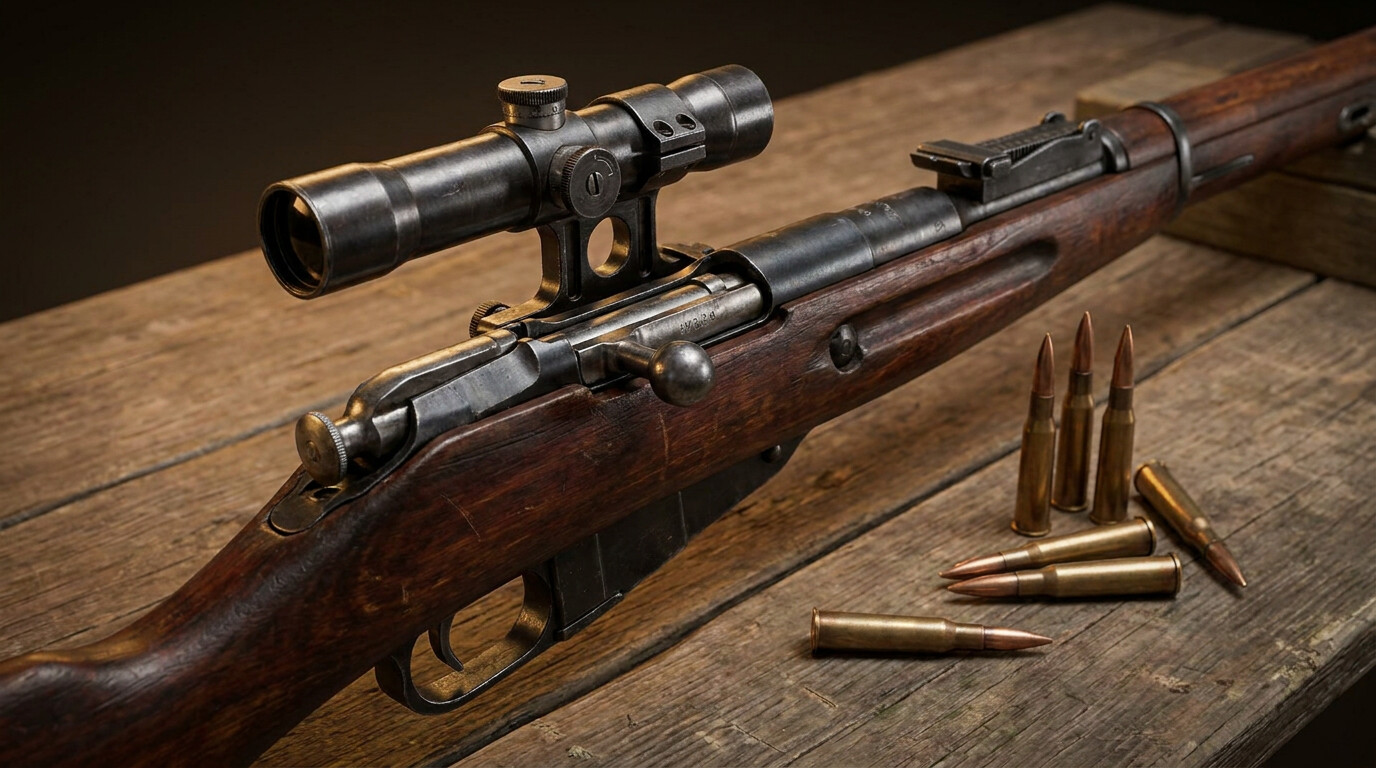 view of the Mosin-Nagant sniper rifle with PU scope and ammunition