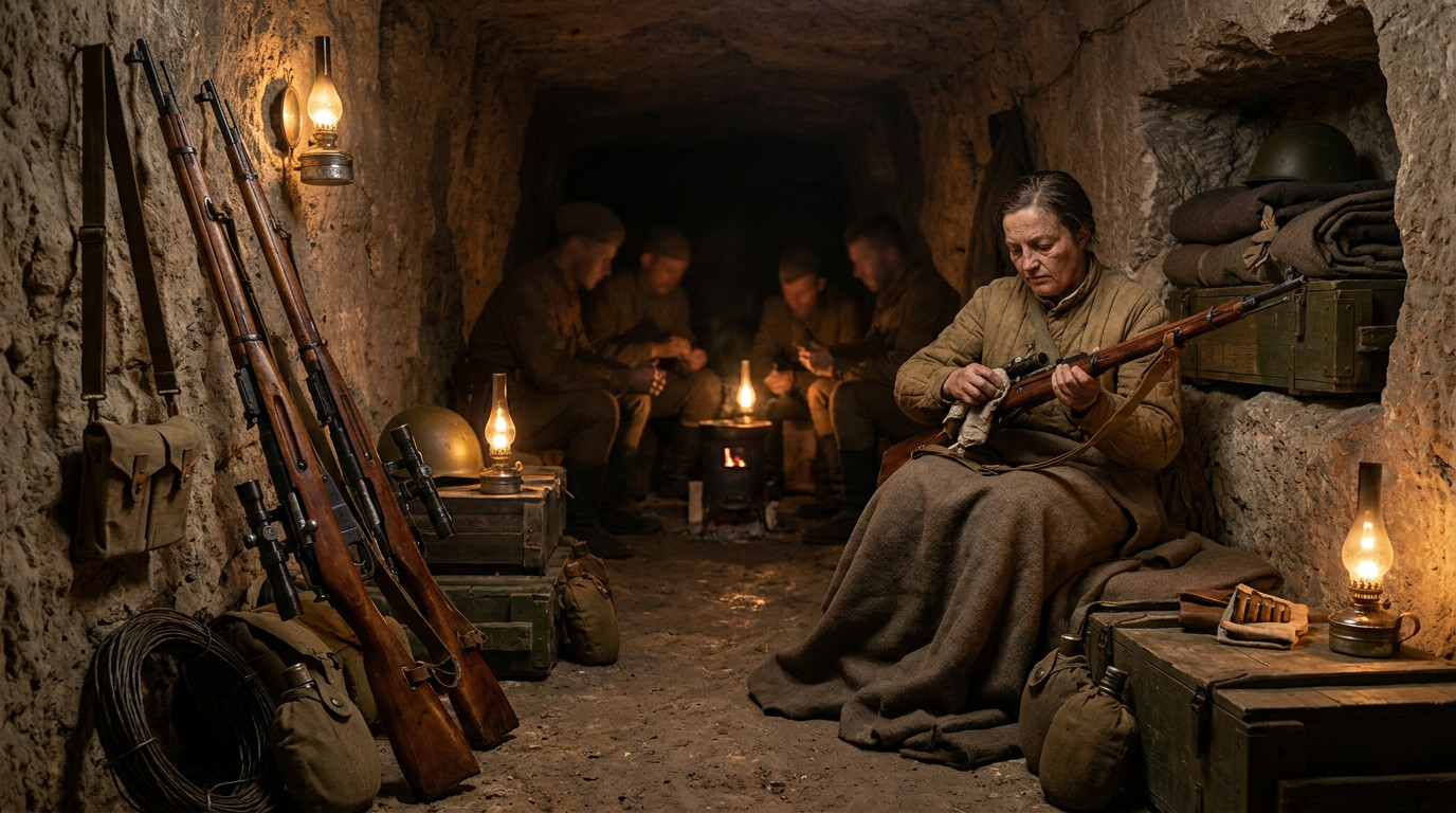 Pavlichenko and fellow soldiers in the underground tunnels of Sevastopol